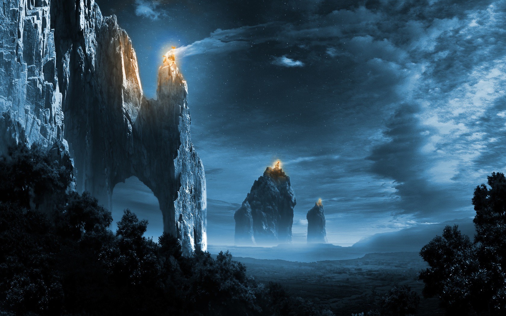 Fantasy art of rocky peaks under a starry sky HD Wallpaper