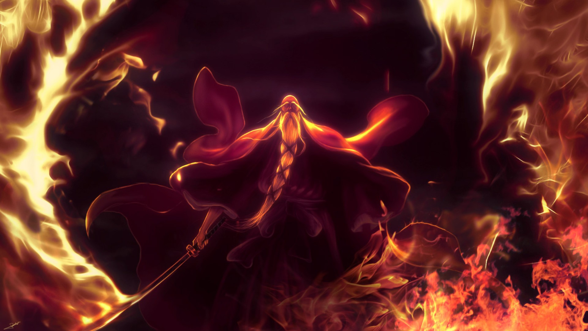 Genryūsai Shigekuni Yamamoto in Bleach surrounded by fire HD Wallpaper