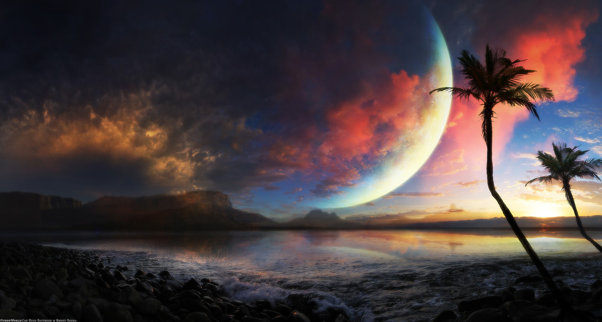 Planet over tropical beach at sunset with palm trees HD Wallpaper