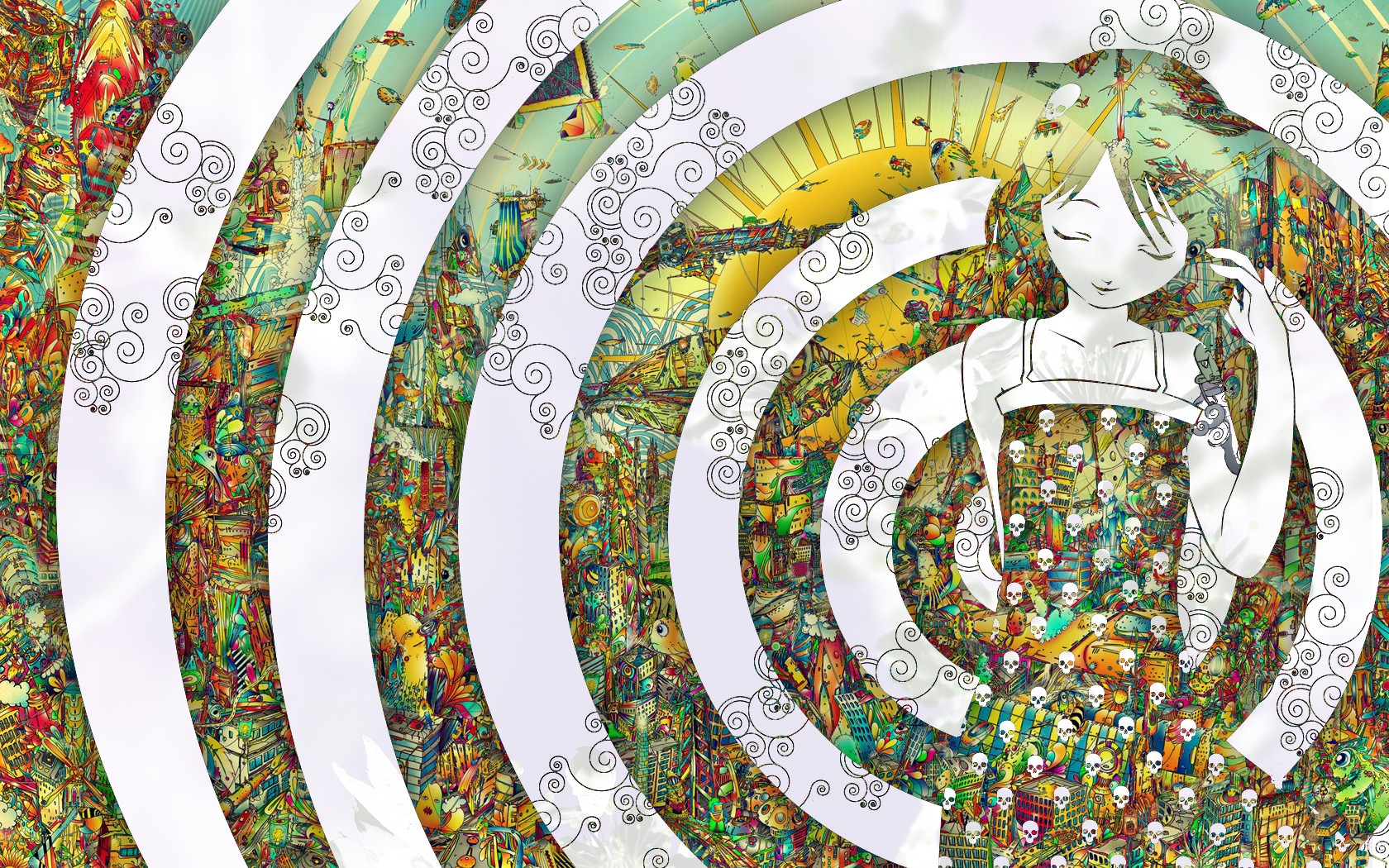 Psychedelic artwork with a girl and swirling patterns HD Wallpaper
