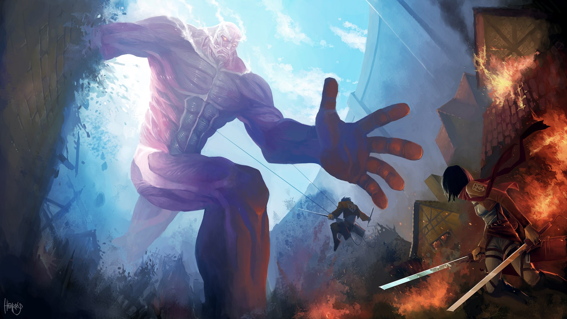Colossal Titan attacks Mikasa Ackerman and Eren Yeager HD Wallpaper