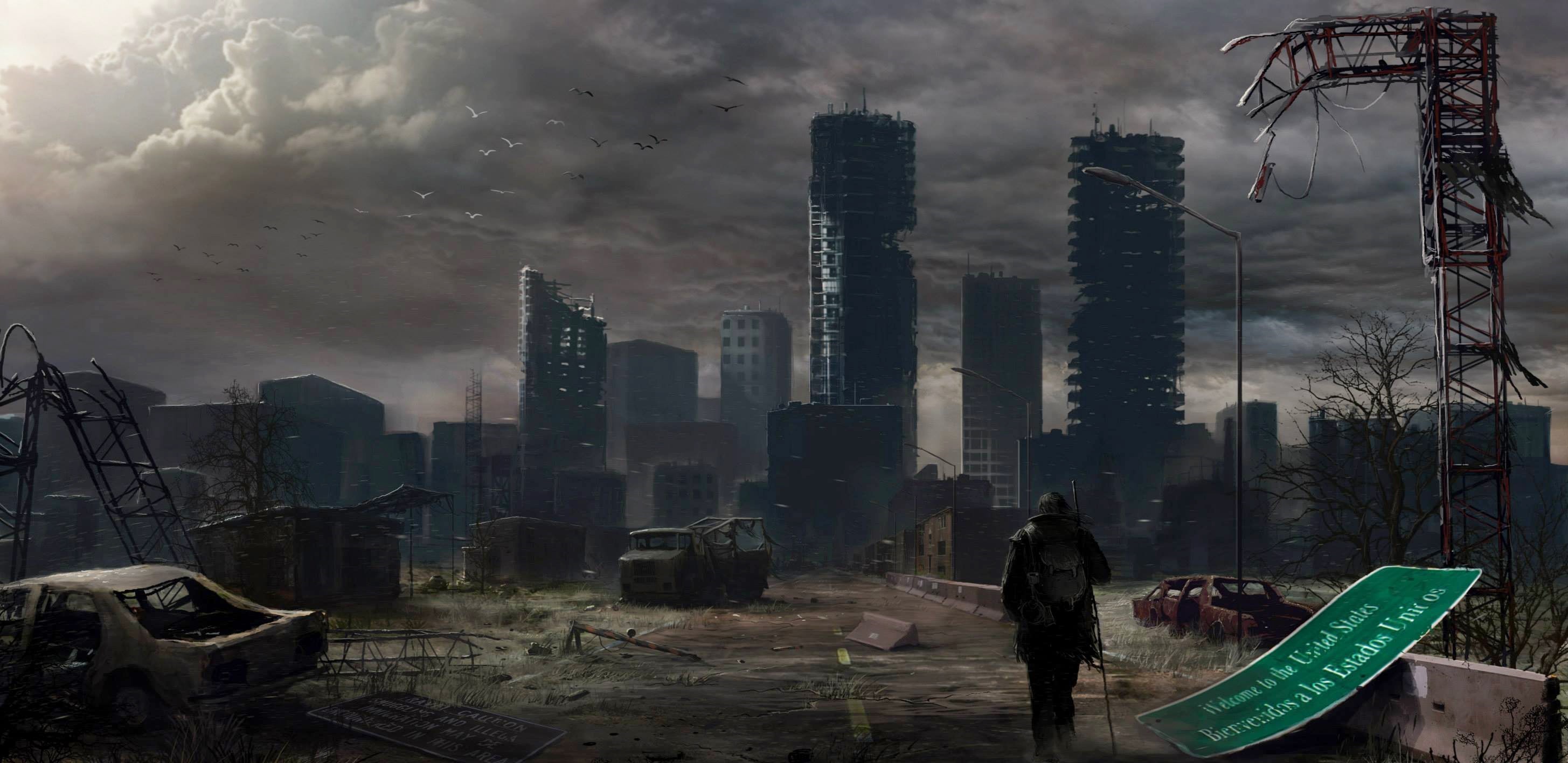 Post-apocalyptic city with ruined buildings and a lone figure HD Wallpaper