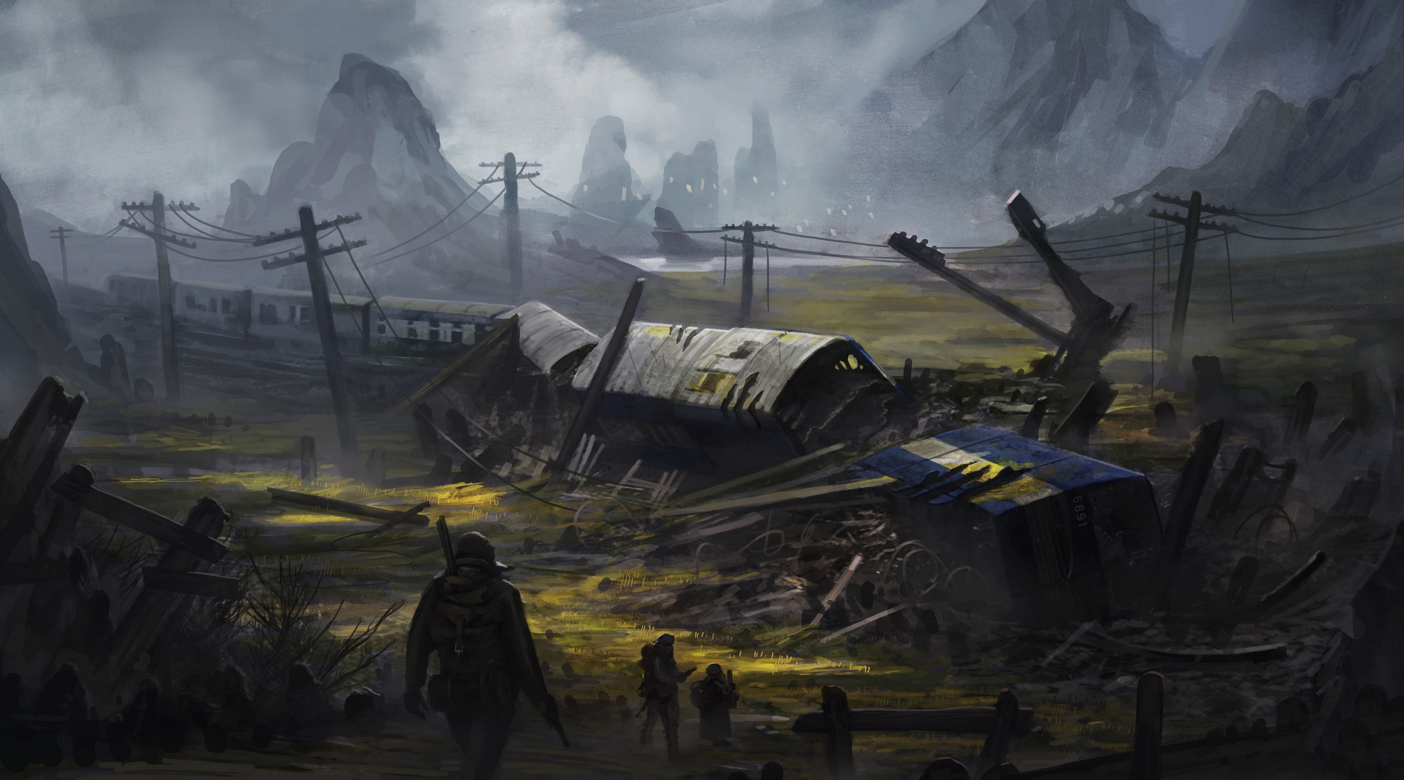 Post-apocalyptic landscape with destroyed train and figures HD Wallpaper