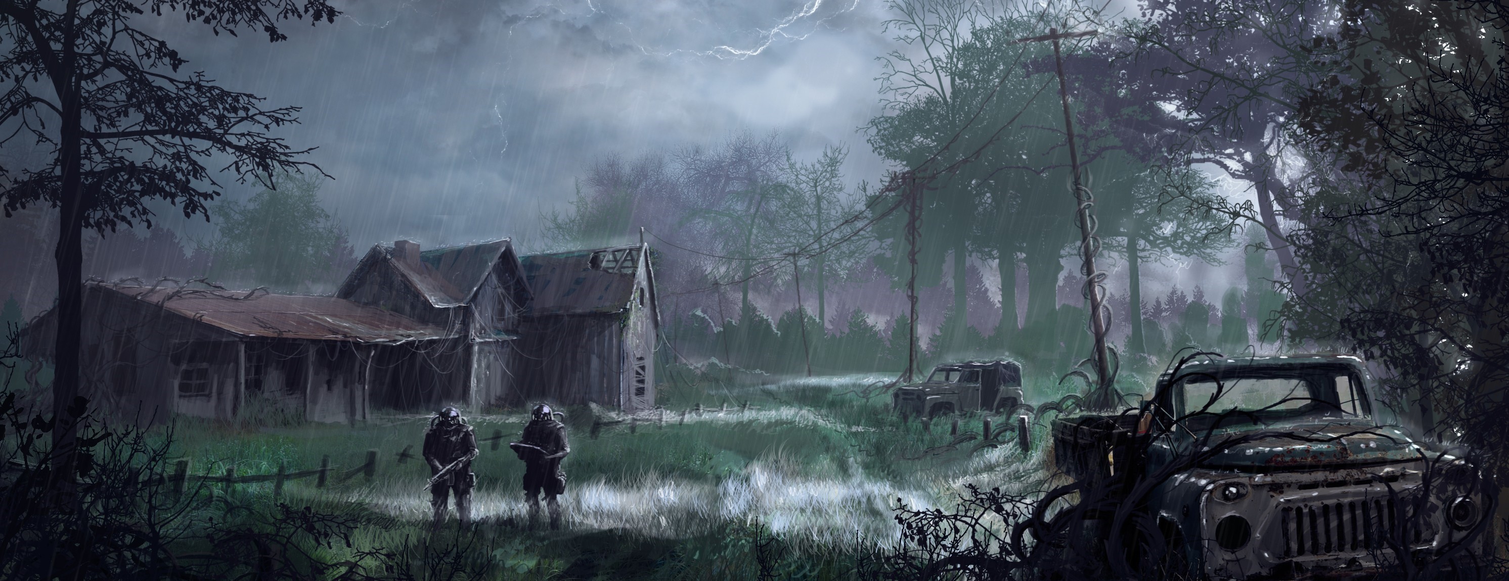 Apocalyptic scene with soldiers and abandoned vehicles HD Wallpaper