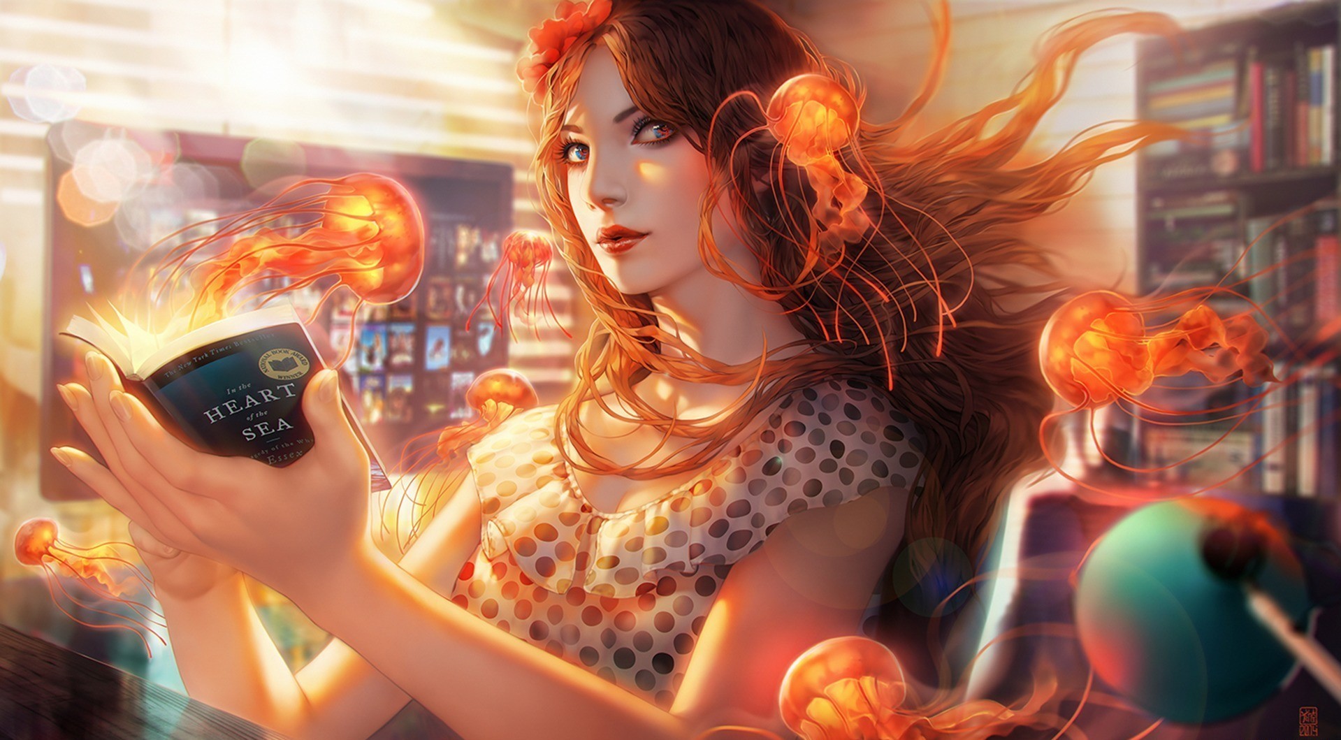 Woman reading a book with jellyfish emerging from it HD Wallpaper
