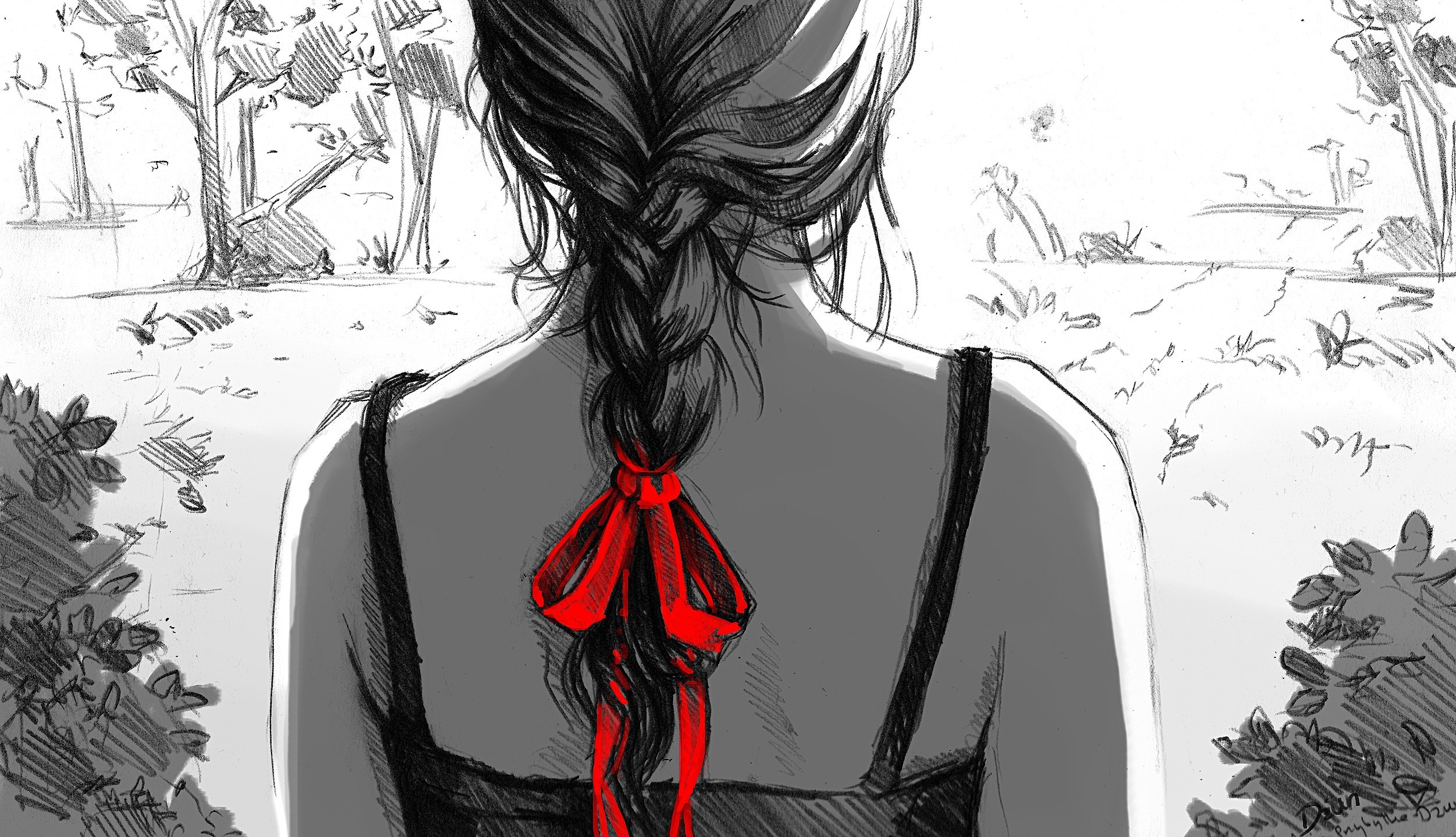 Artwork of a girl with a red ribbon in her braid HD Wallpaper