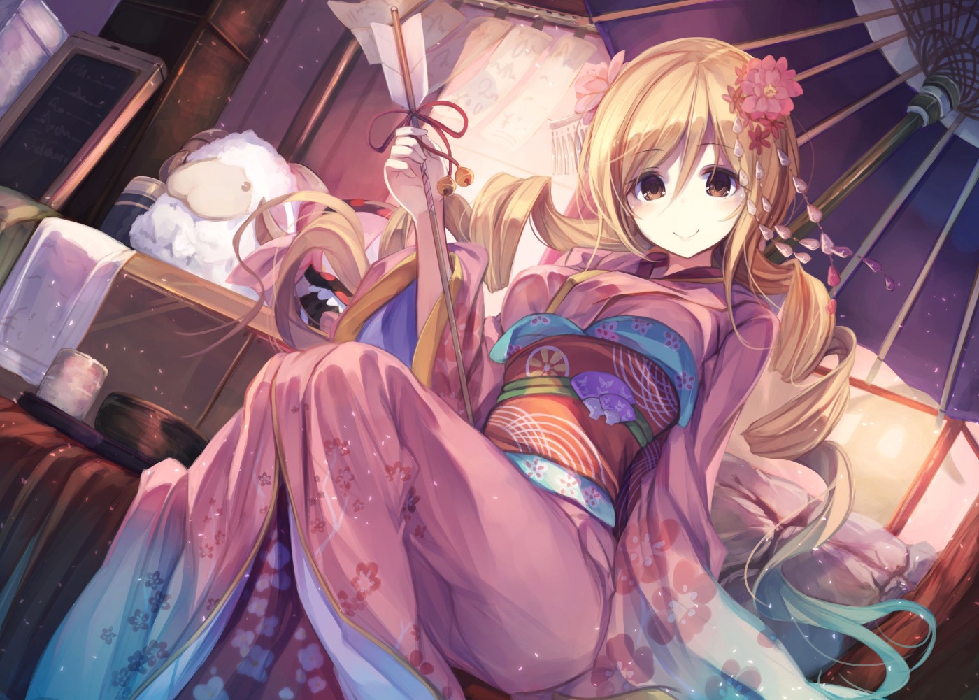 Tomoe Mami in Kimono with Umbrella HD Wallpaper