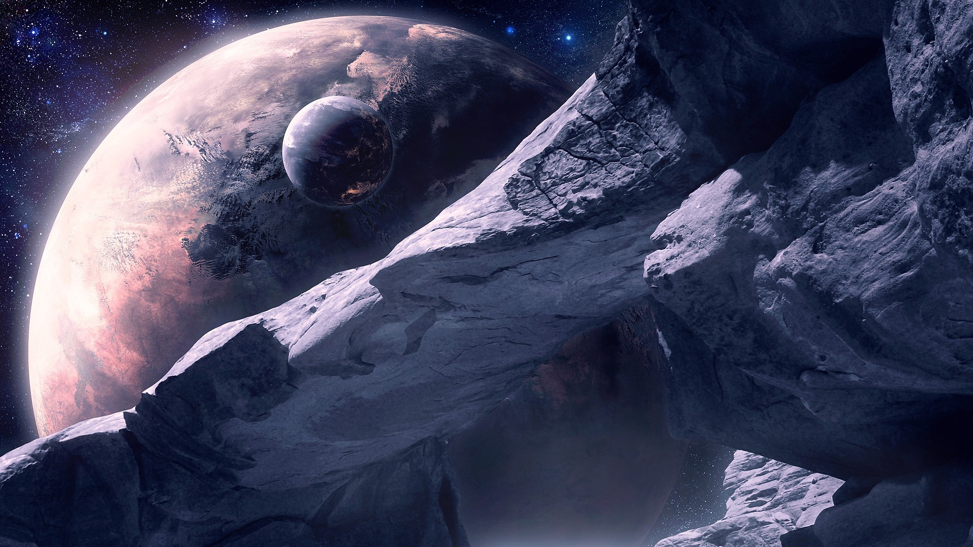 Planets and moons seen through a rocky archway in space HD Wallpaper
