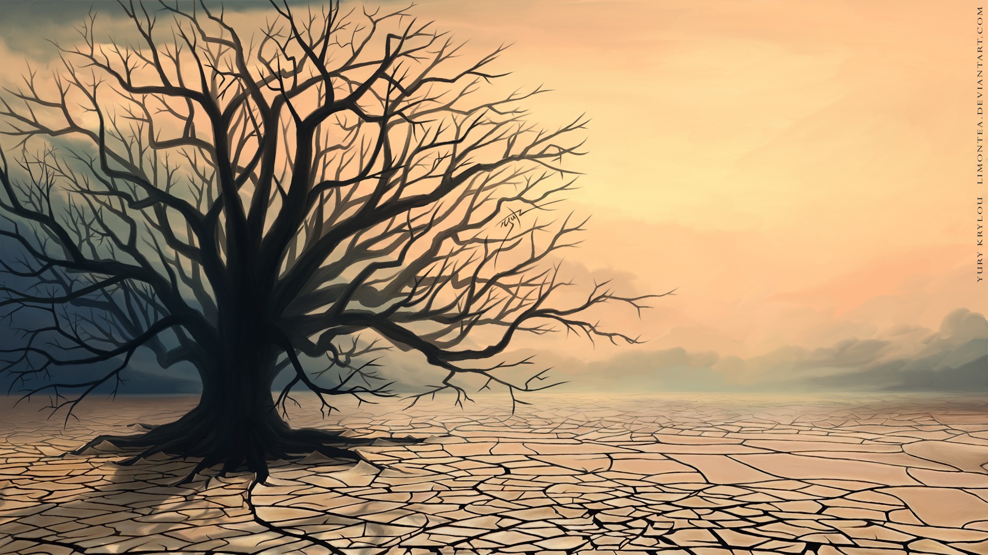 Artwork of a bare tree in a dry landscape HD Wallpaper