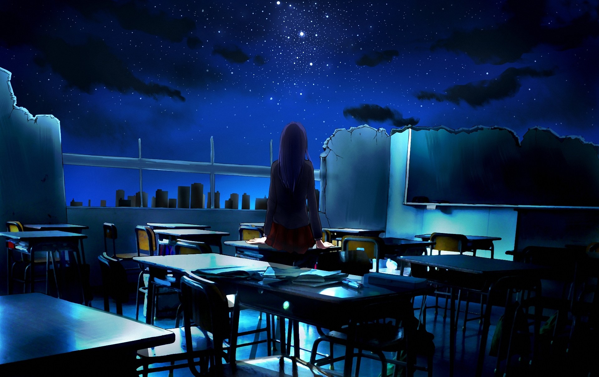 Girl in classroom at night with cityscape view HD Wallpaper