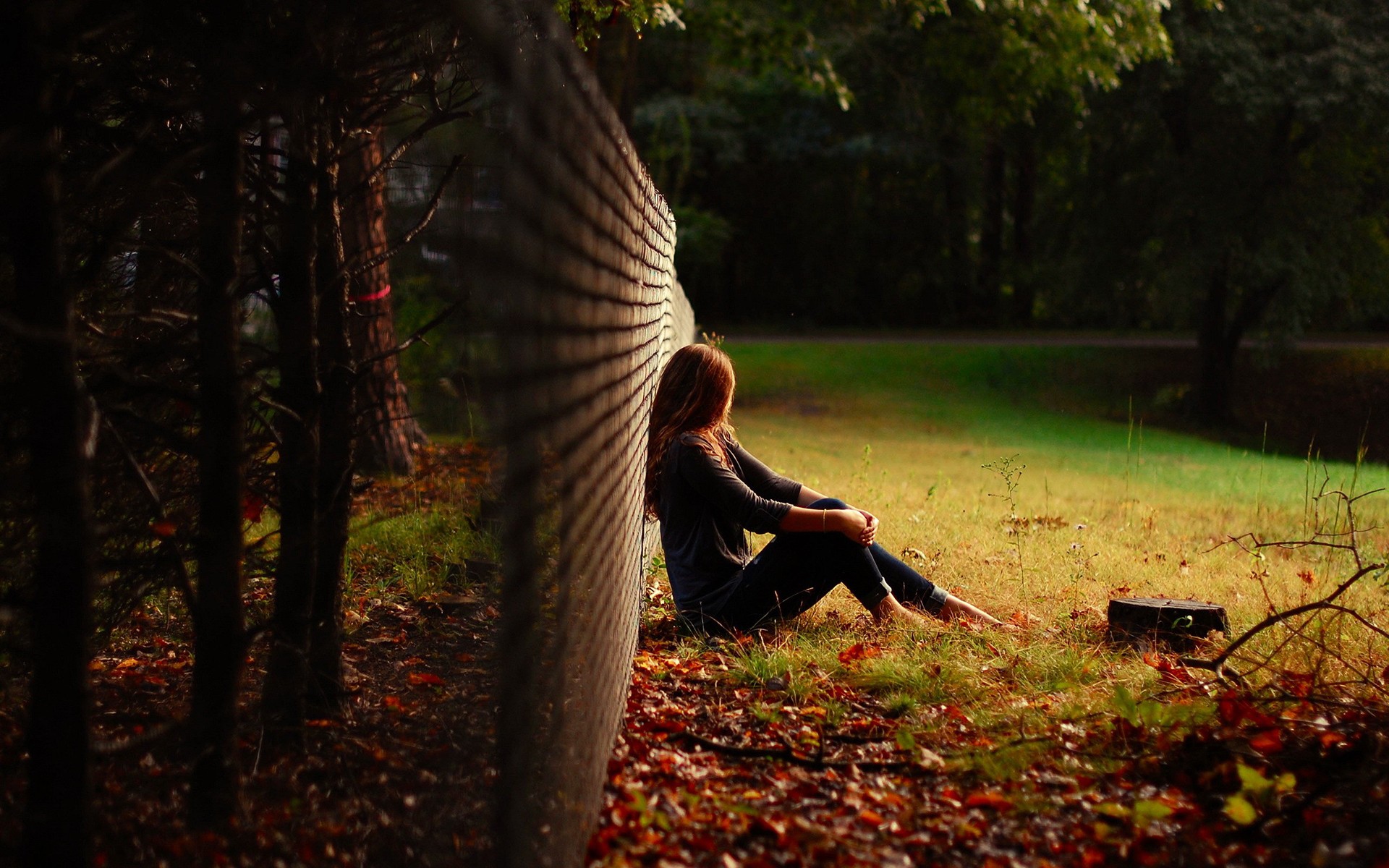 Woman sitting alone by a fence in a forest HD Wallpaper