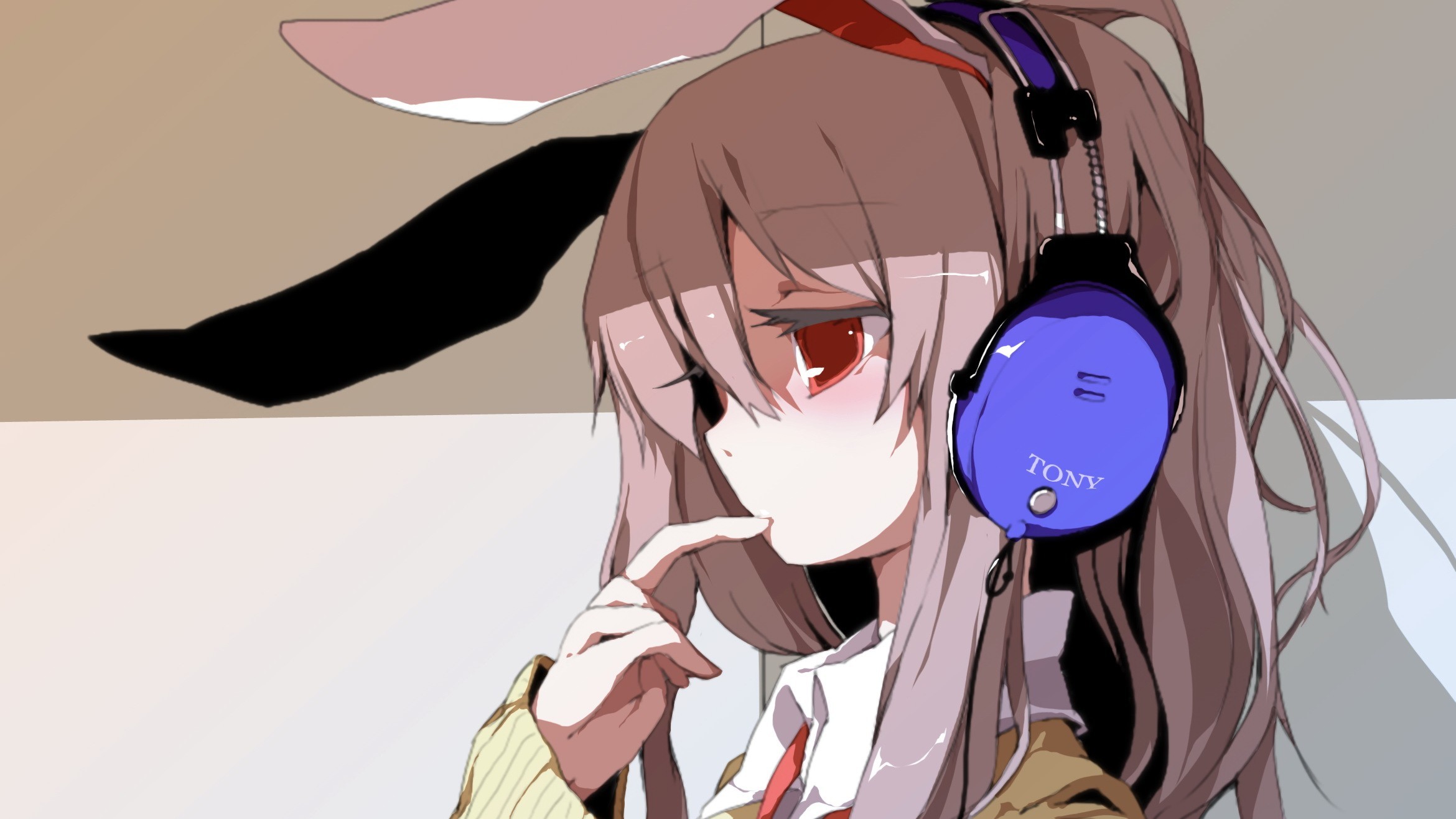 Anime girl with bunny ears and headphones HD Wallpaper