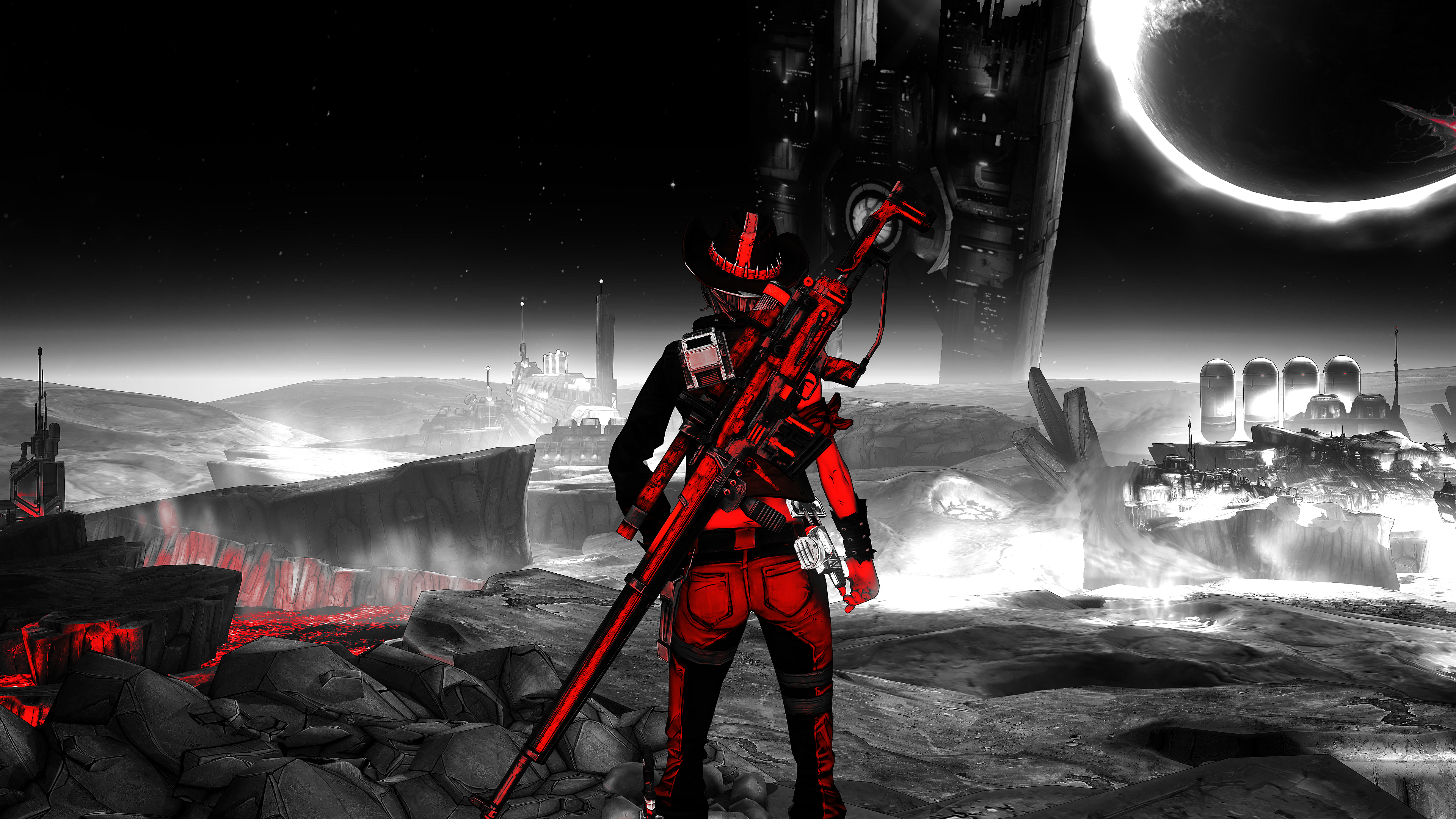 Borderlands character with sniper rifle on alien planet HD Wallpaper