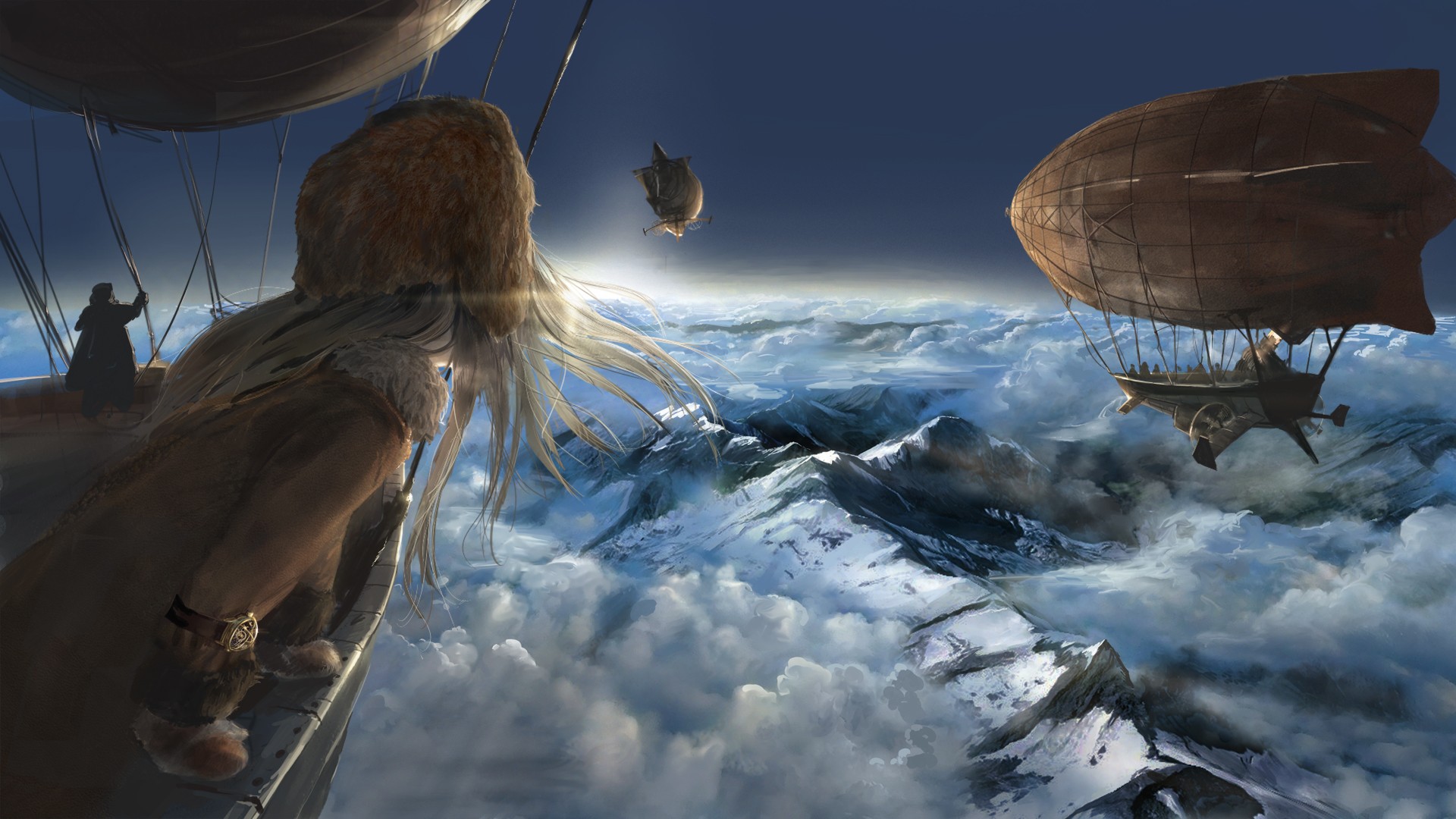 Anime girl on airship over snowy mountains HD Wallpaper