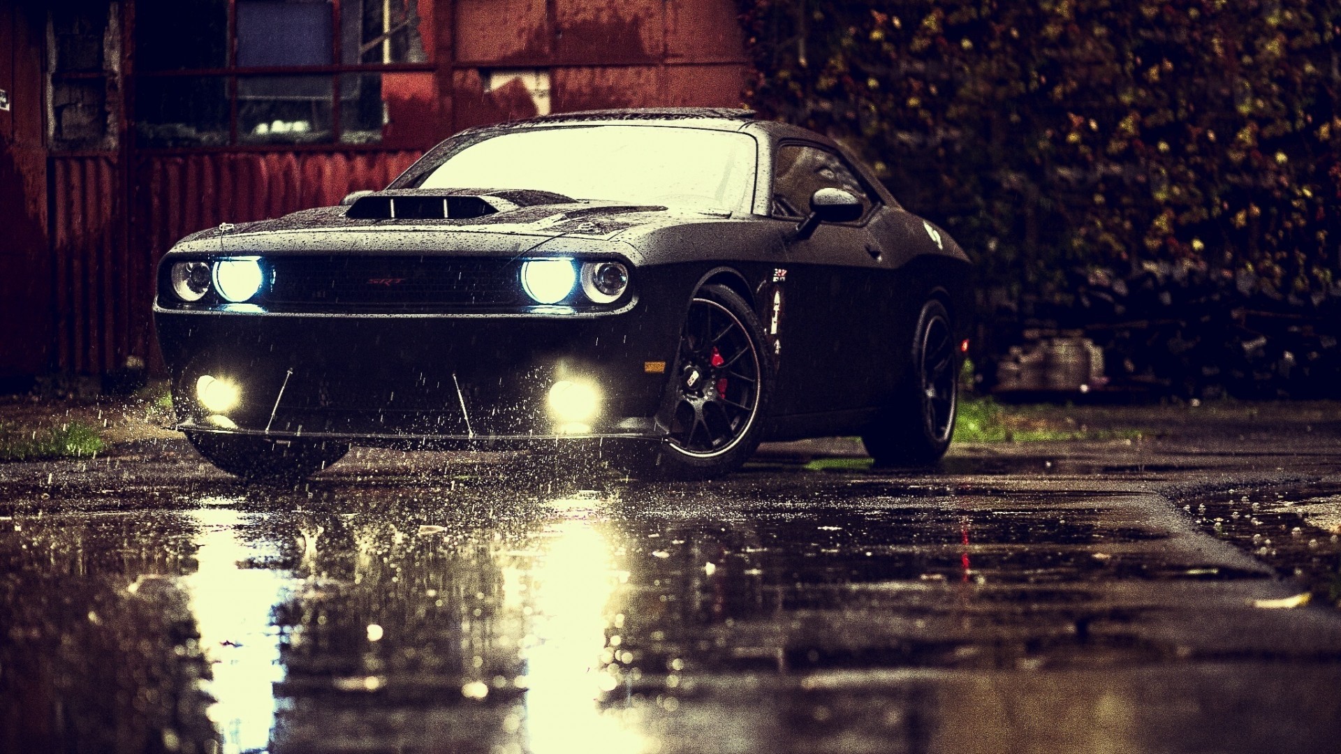 Black Dodge Challenger parked on a wet road HD Wallpaper