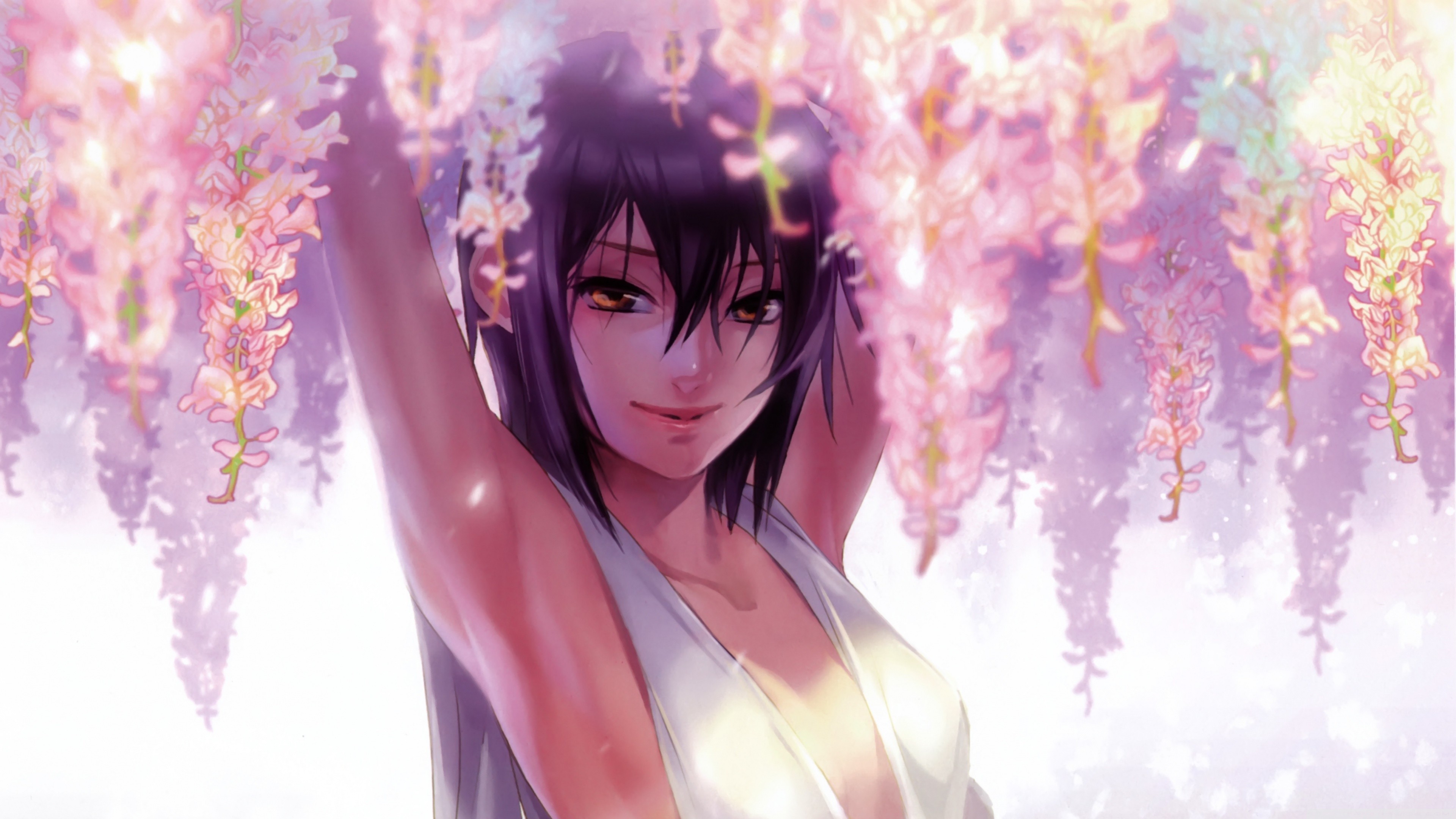 Anime girl with dark hair under pink flowers HD Wallpaper