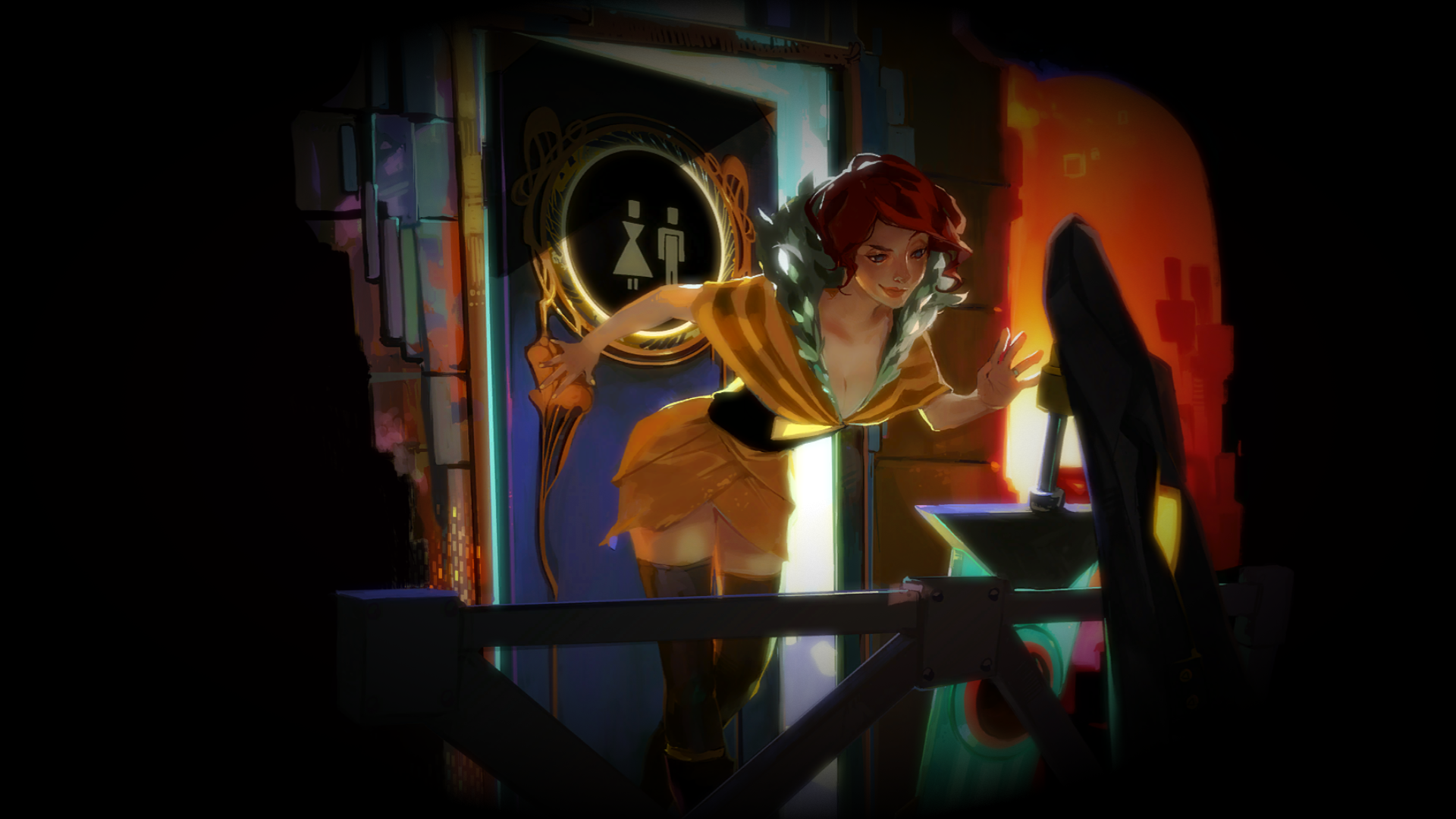 Red from Transistor near a restroom sign HD Wallpaper