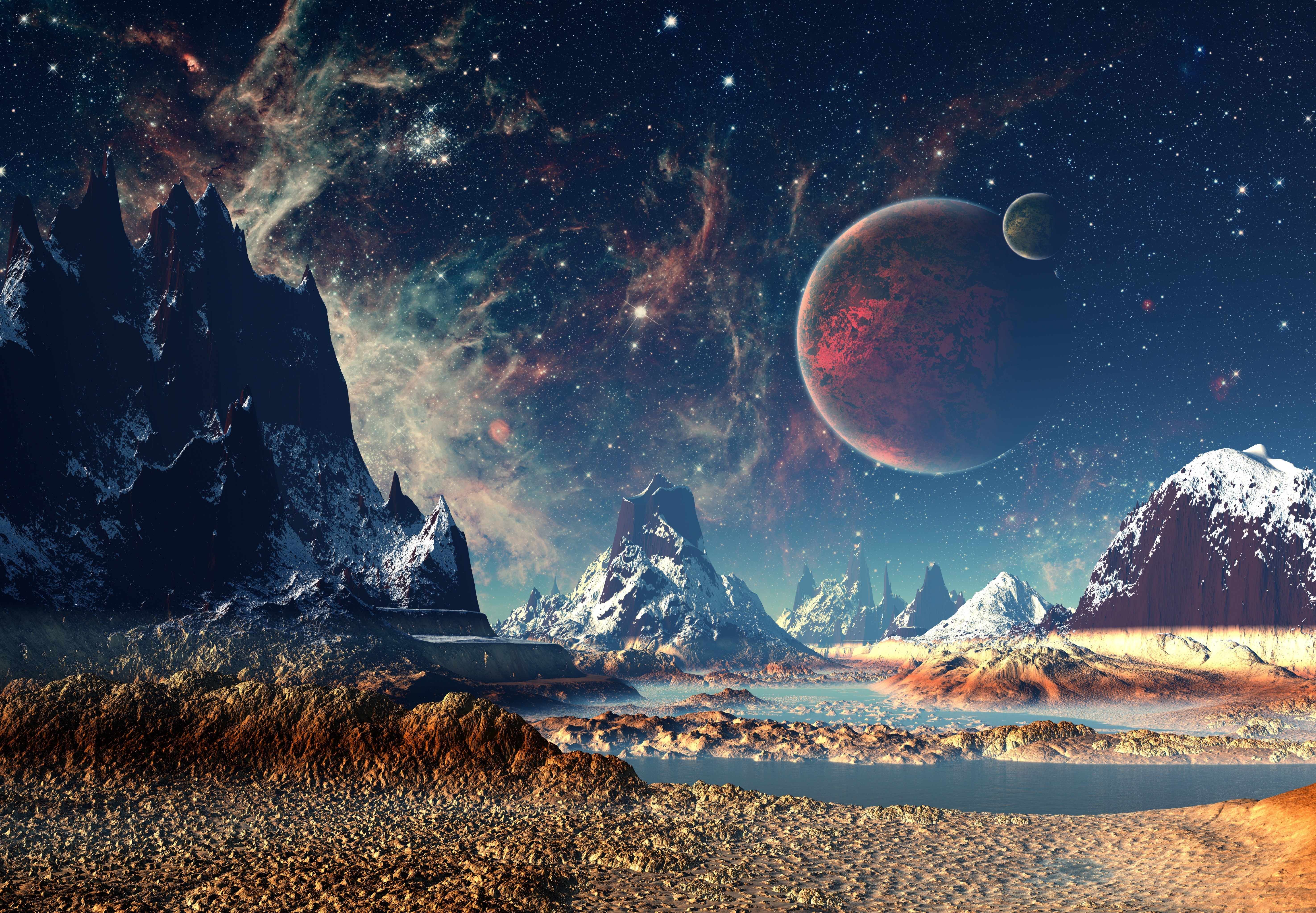 Alien landscape with planets and nebulae HD Wallpaper