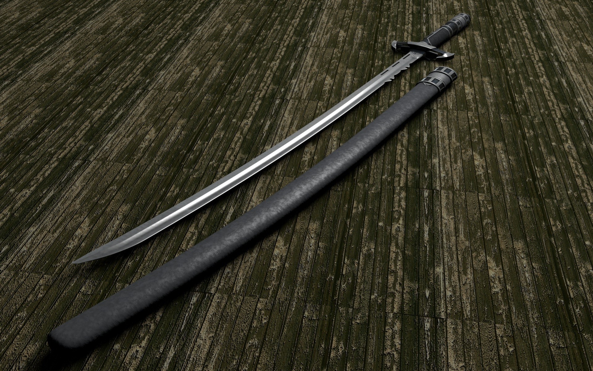 A sword and its scabbard on a wooden surface HD Wallpaper