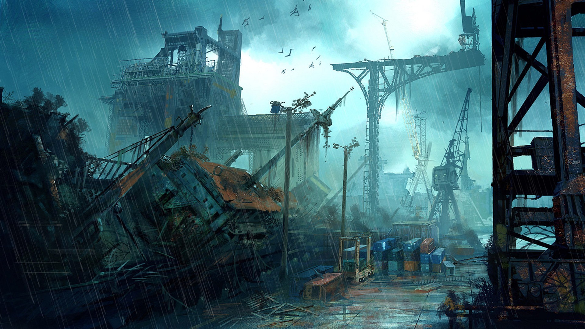 Apocalyptic industrial harbor with wrecked ships and cranes HD Wallpaper