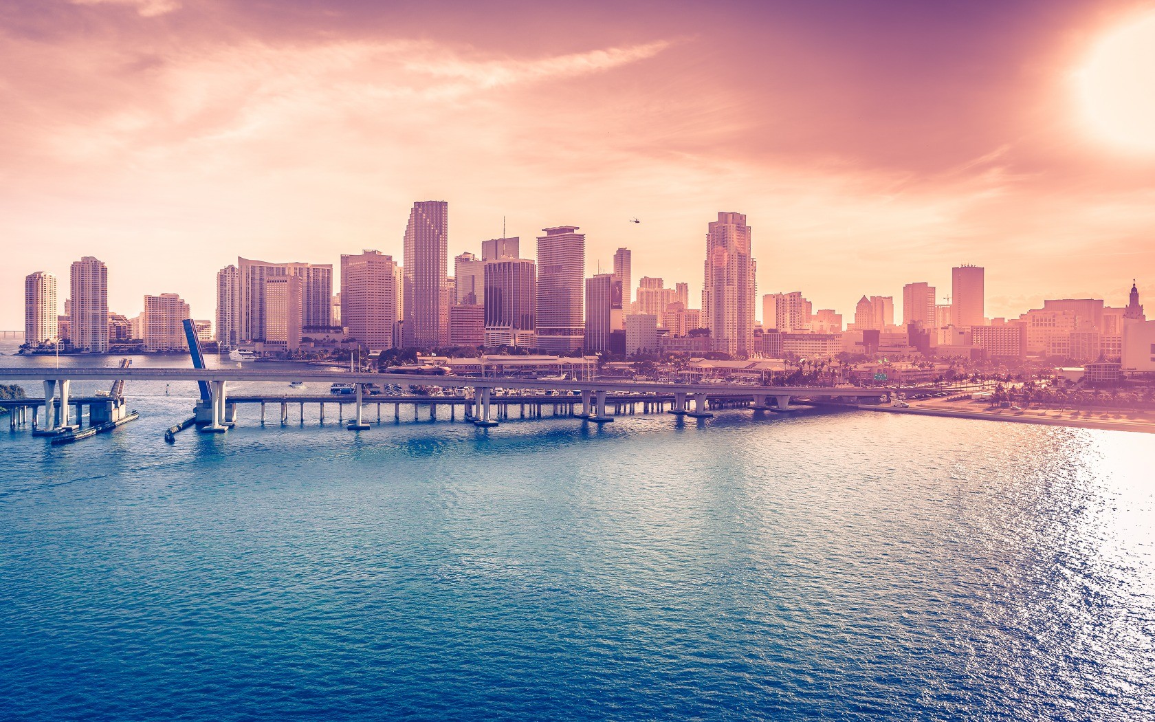 Miami Skyline and Bridge Over Water HD Wallpaper