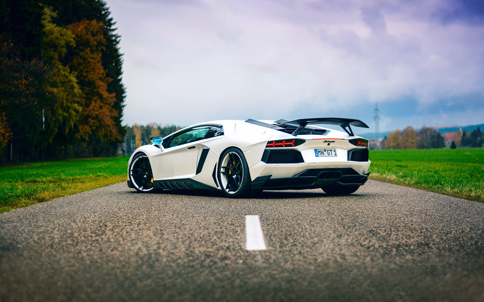 White Lamborghini Aventador parked on a road HD Wallpaper