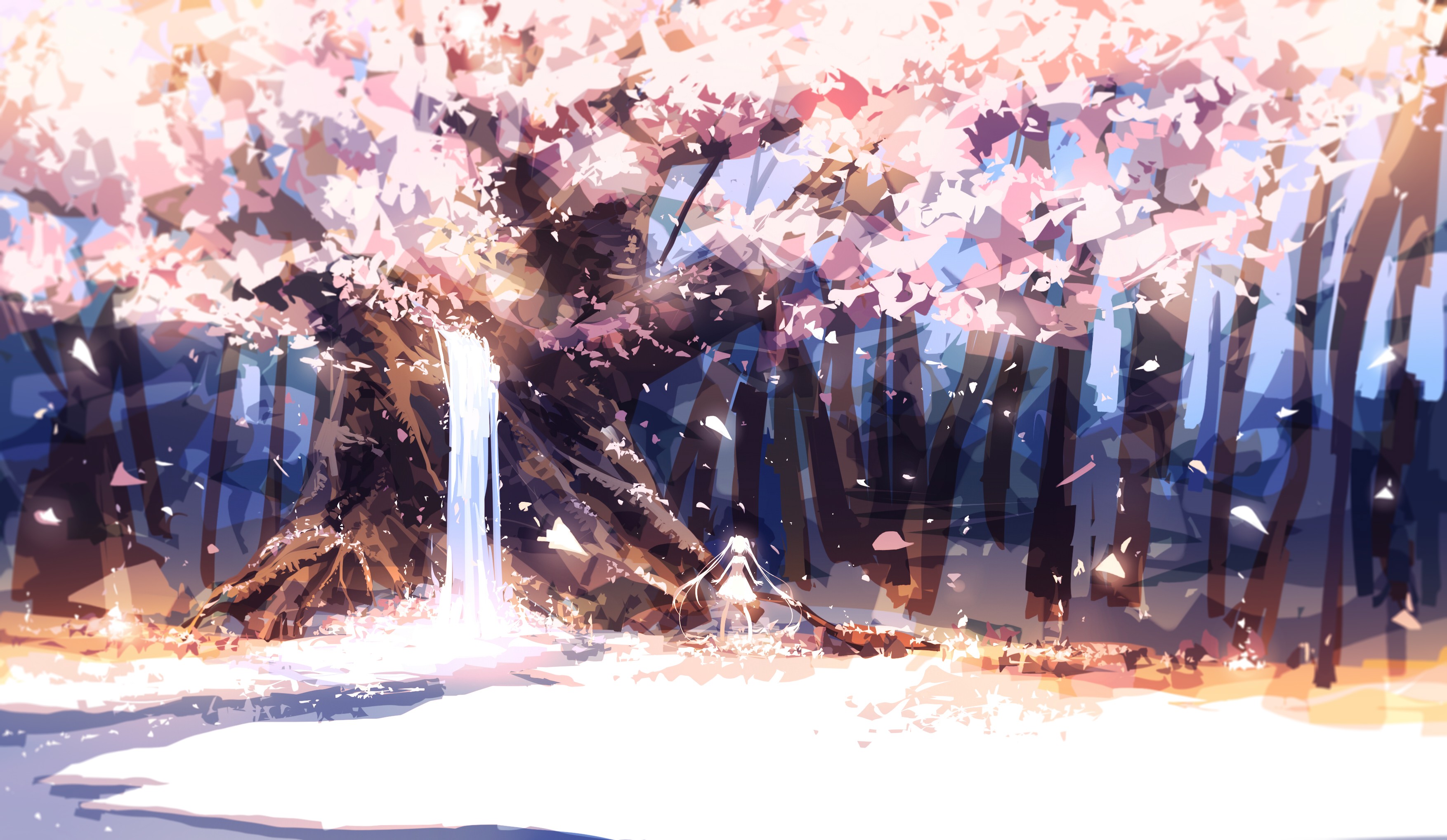 Anime girl under a cherry blossom tree with waterfall HD Wallpaper