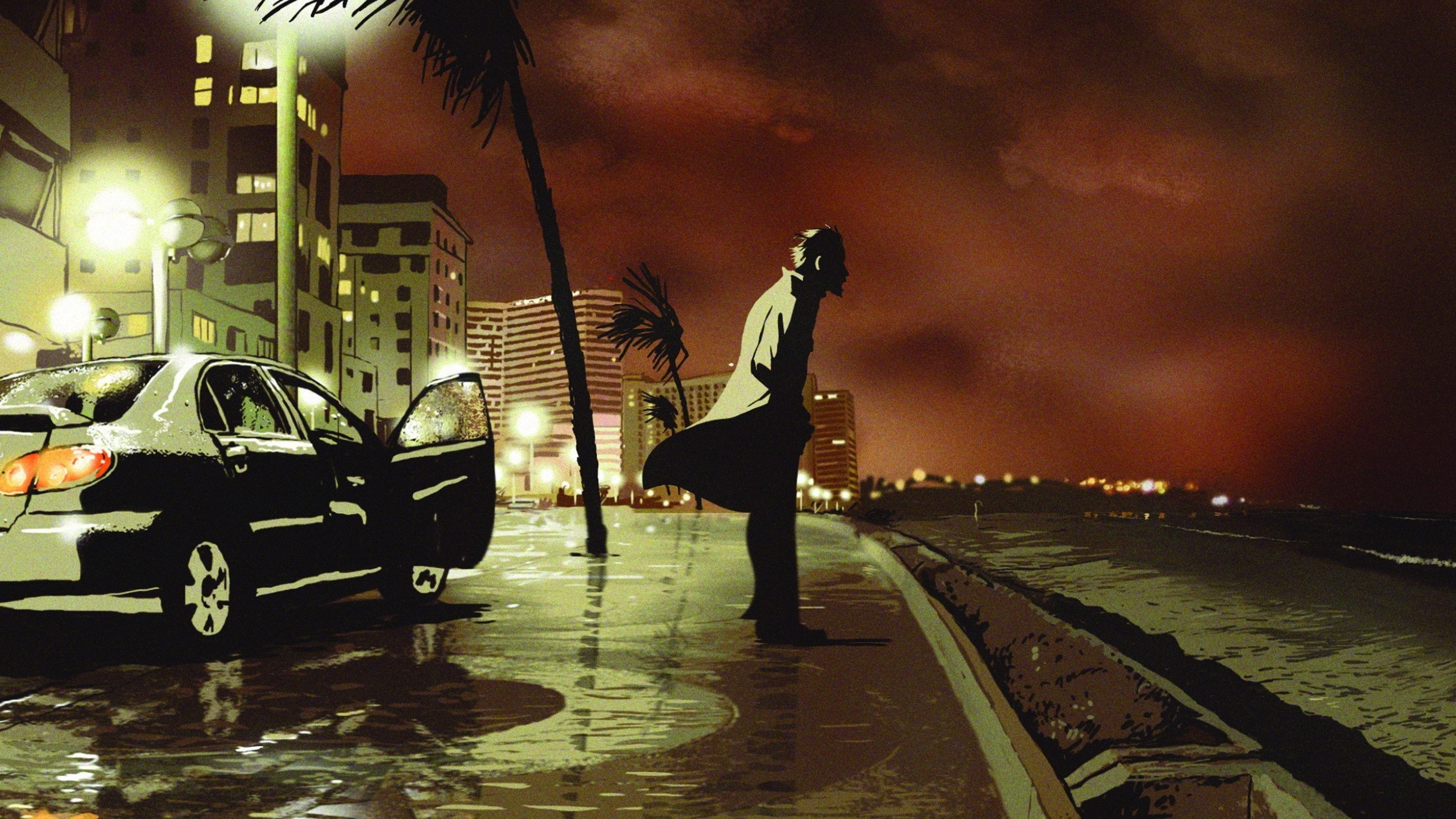 Man standing by a car on a wet street at night HD Wallpaper