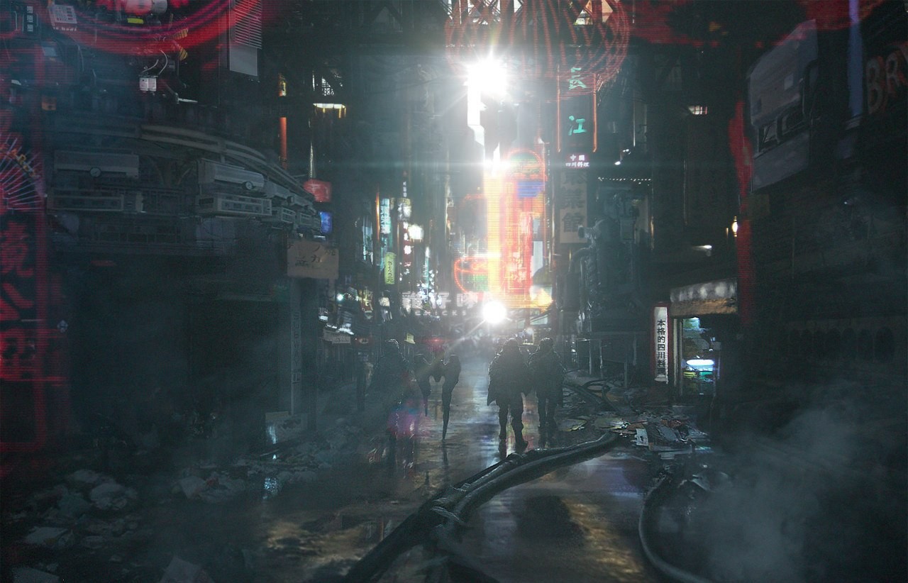 Cyberpunk city street with neon signs and people HD Wallpaper
