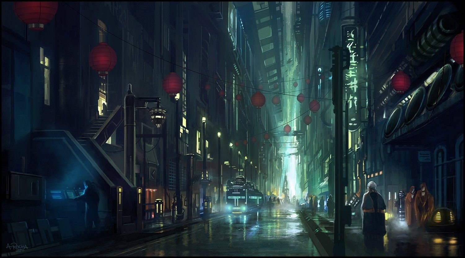 Futuristic cyberpunk city street with red lanterns HD Wallpaper