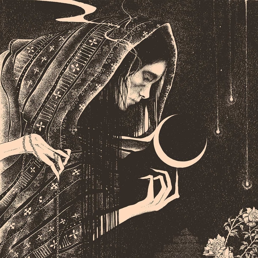 Monochrome artwork of a figure holding a crescent moon HD Wallpaper