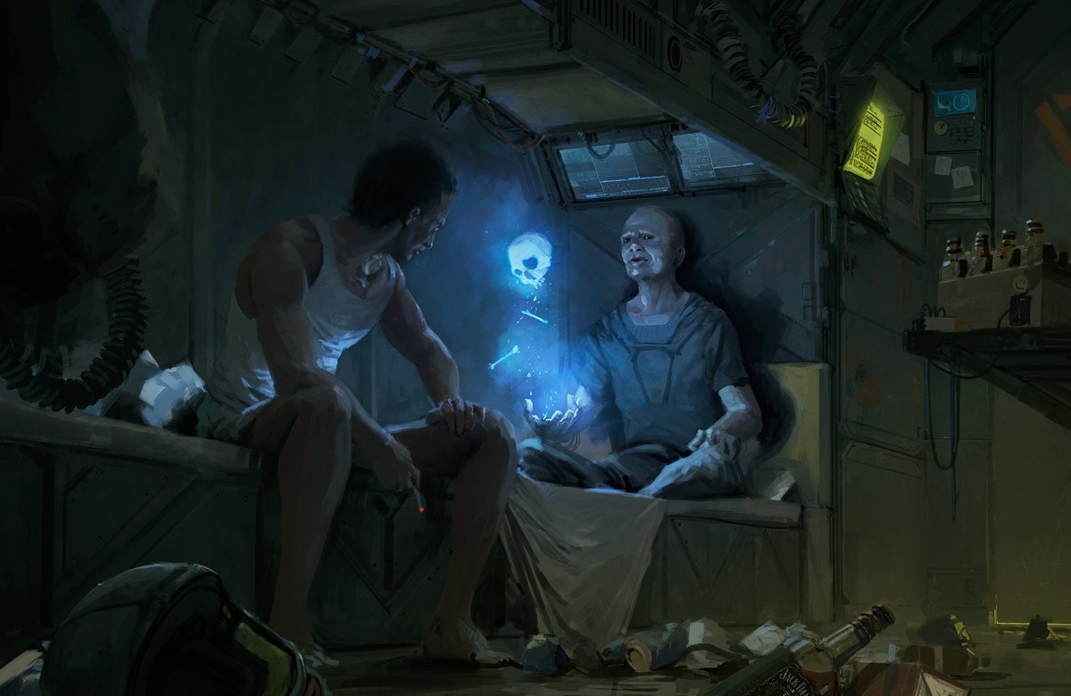 Two men in a dark room with a glowing skull HD Wallpaper