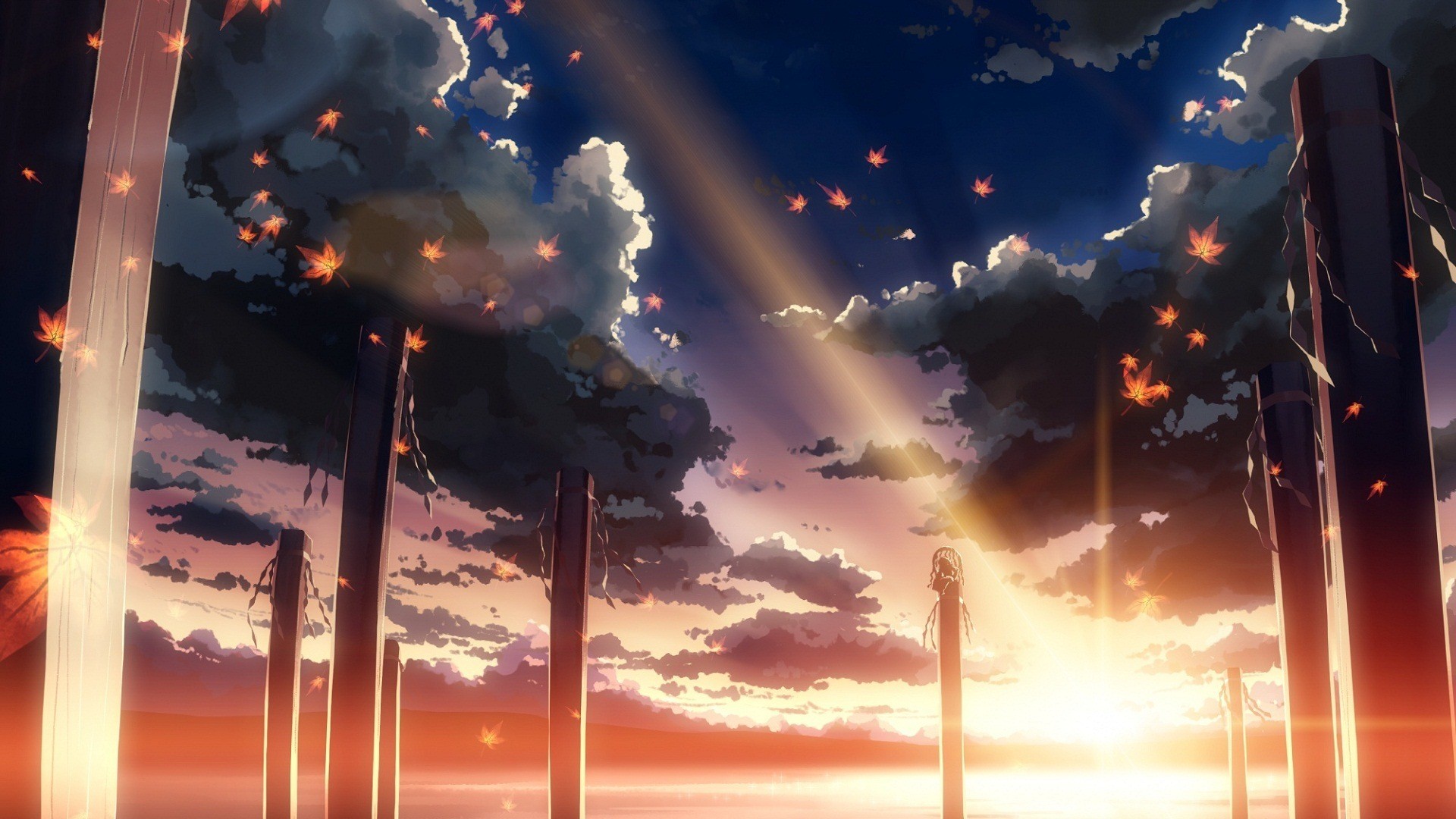 Touhou: Autumn Leaves and Pillars at Sunset HD Wallpaper