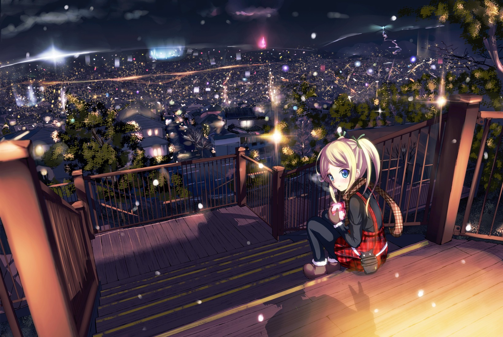 Girl on stairs overlooking a snowy cityscape at night HD Wallpaper