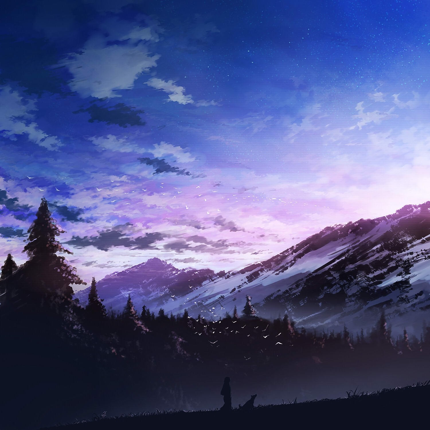 Fantasy art of a person and dog in mountains at dusk HD Wallpaper