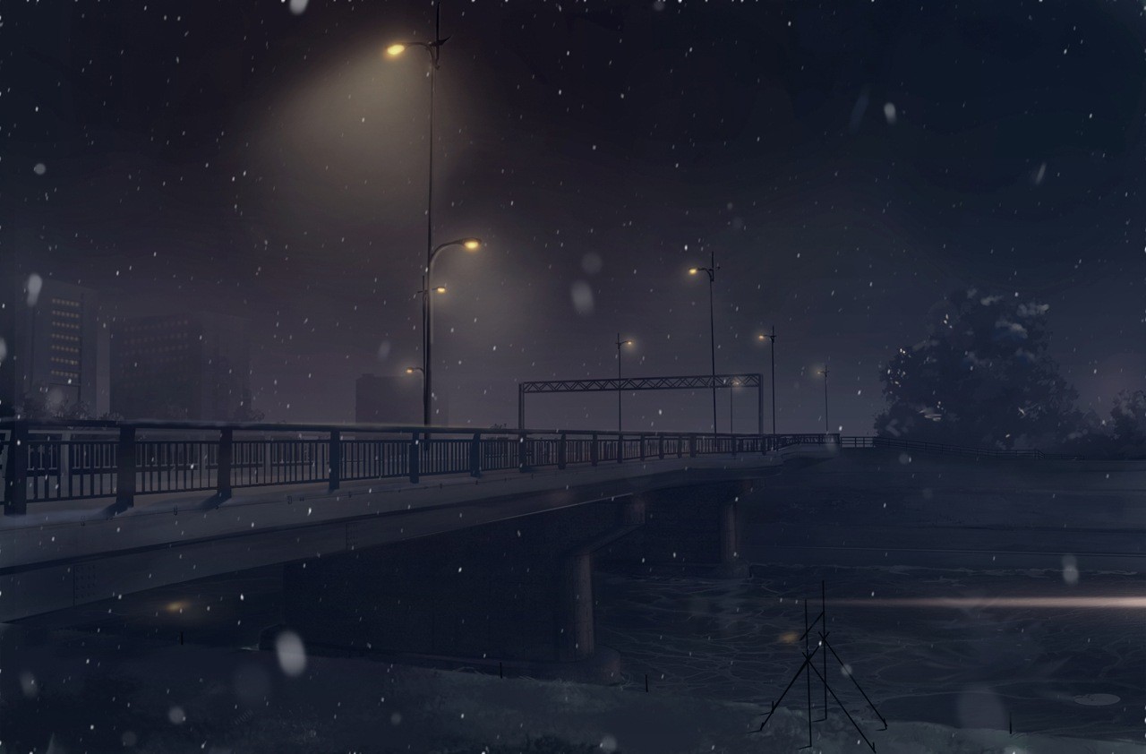 A bridge at night with falling snow HD Wallpaper