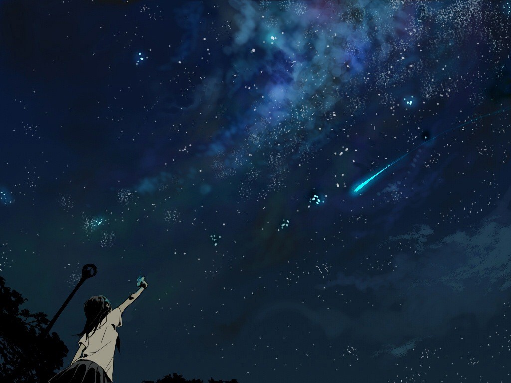 Anime girl watching a shooting star in the night sky HD Wallpaper