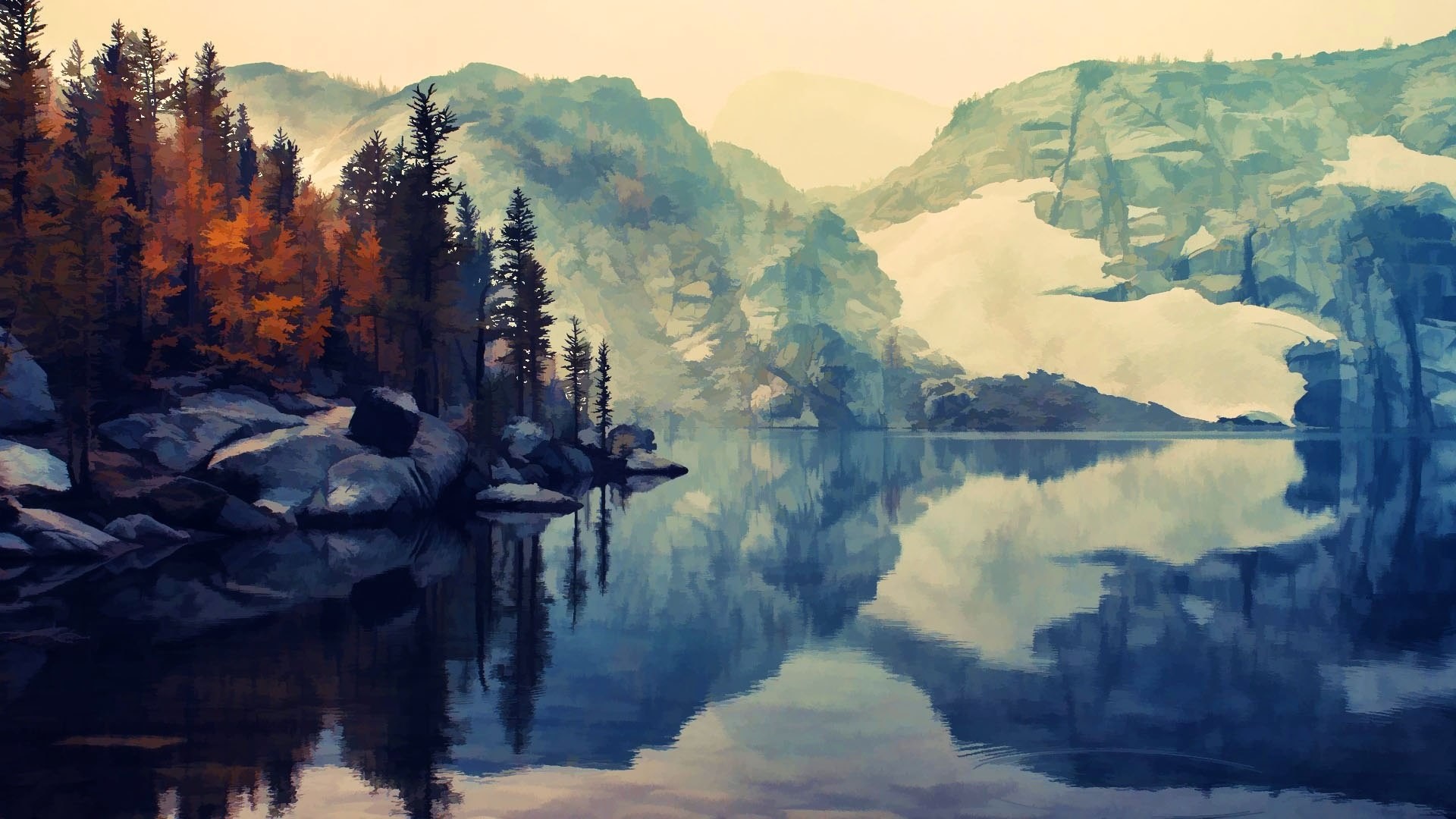 Artwork of a lake reflecting mountains and trees HD Wallpaper