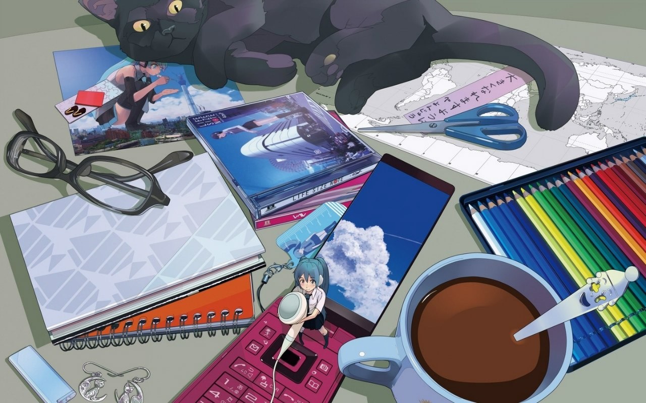 Black cat, glasses, notebooks, and art supplies on a map HD Wallpaper