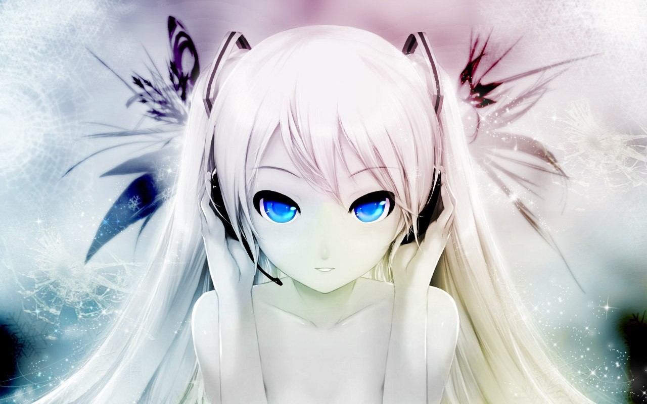Anime girl with blue eyes and headphones HD Wallpaper