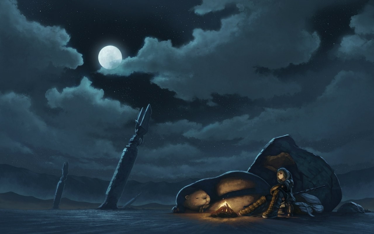 Anime fantasy art of a girl and a sleeping creature by a campfire HD Wallpaper