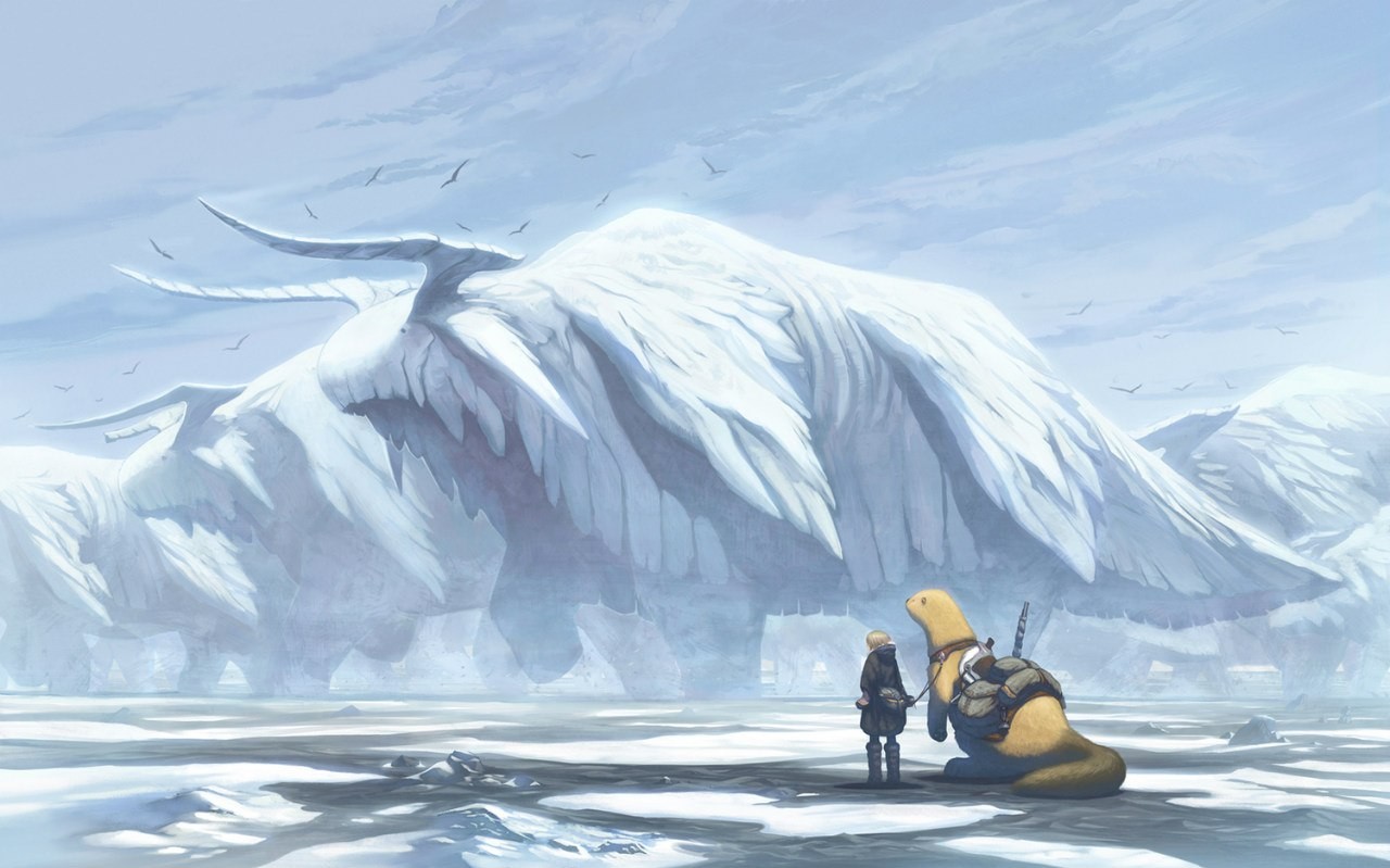 Fantasy art of a girl and a creature in a snowy landscape HD Wallpaper