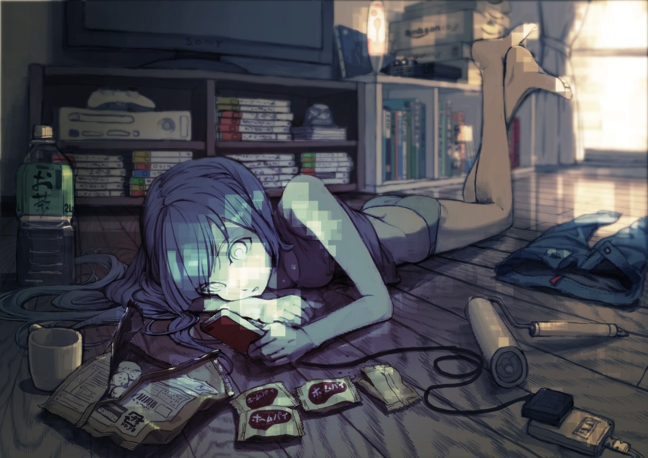 Anime girl lying on the floor with snacks and electronics HD Wallpaper