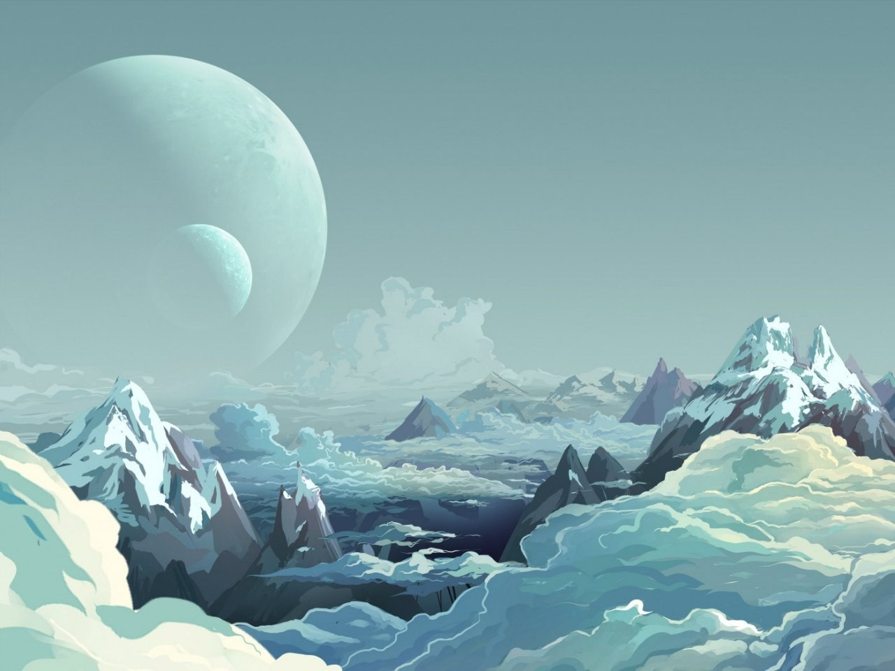 Fantasy art of planets and mountains HD Wallpaper