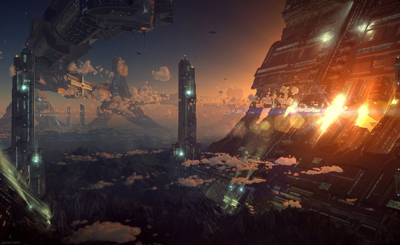 Futuristic city with towering structures and clouds HD Wallpaper