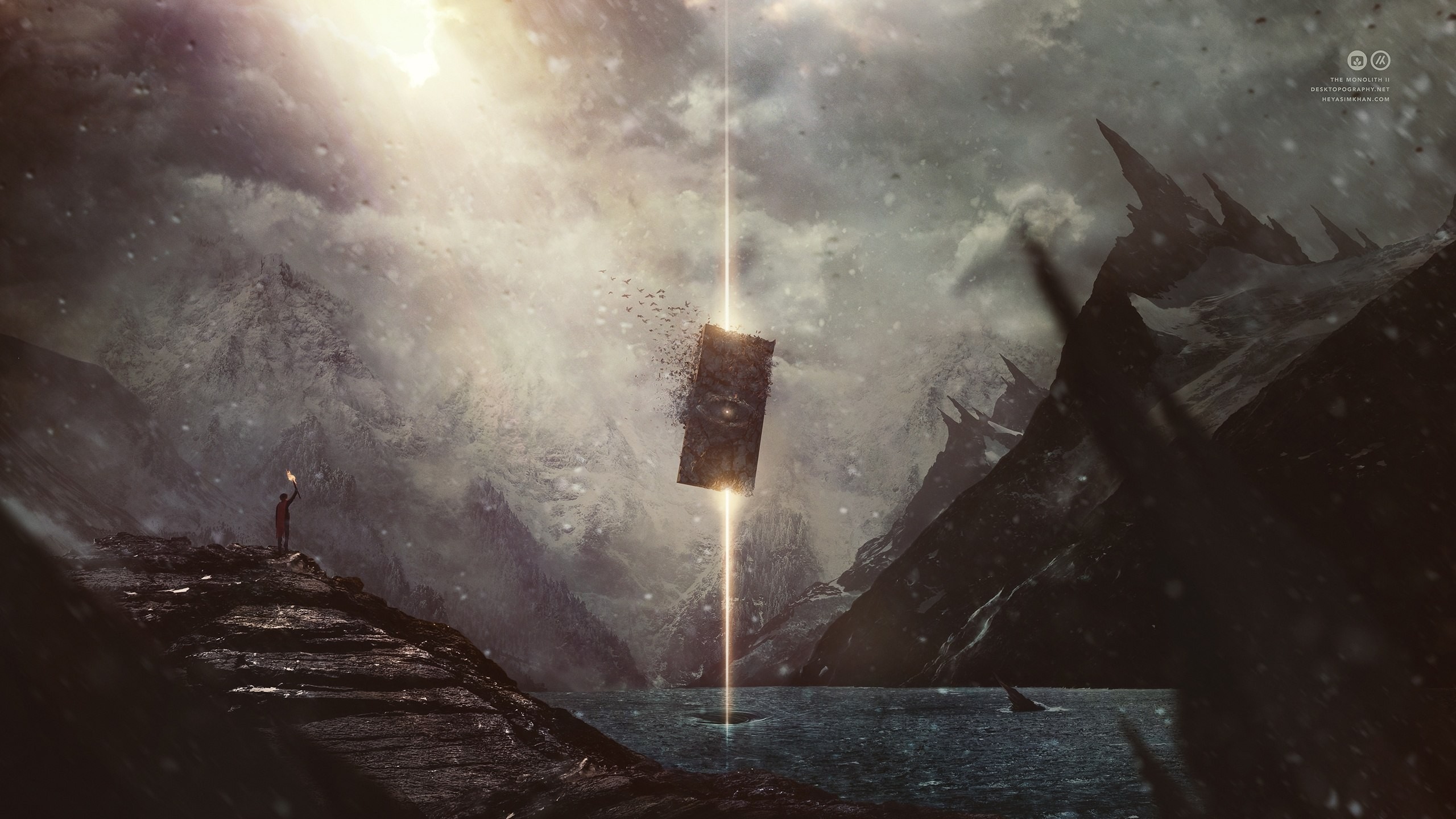 Fantasy artwork of a mysterious portal in a snowy landscape HD Wallpaper