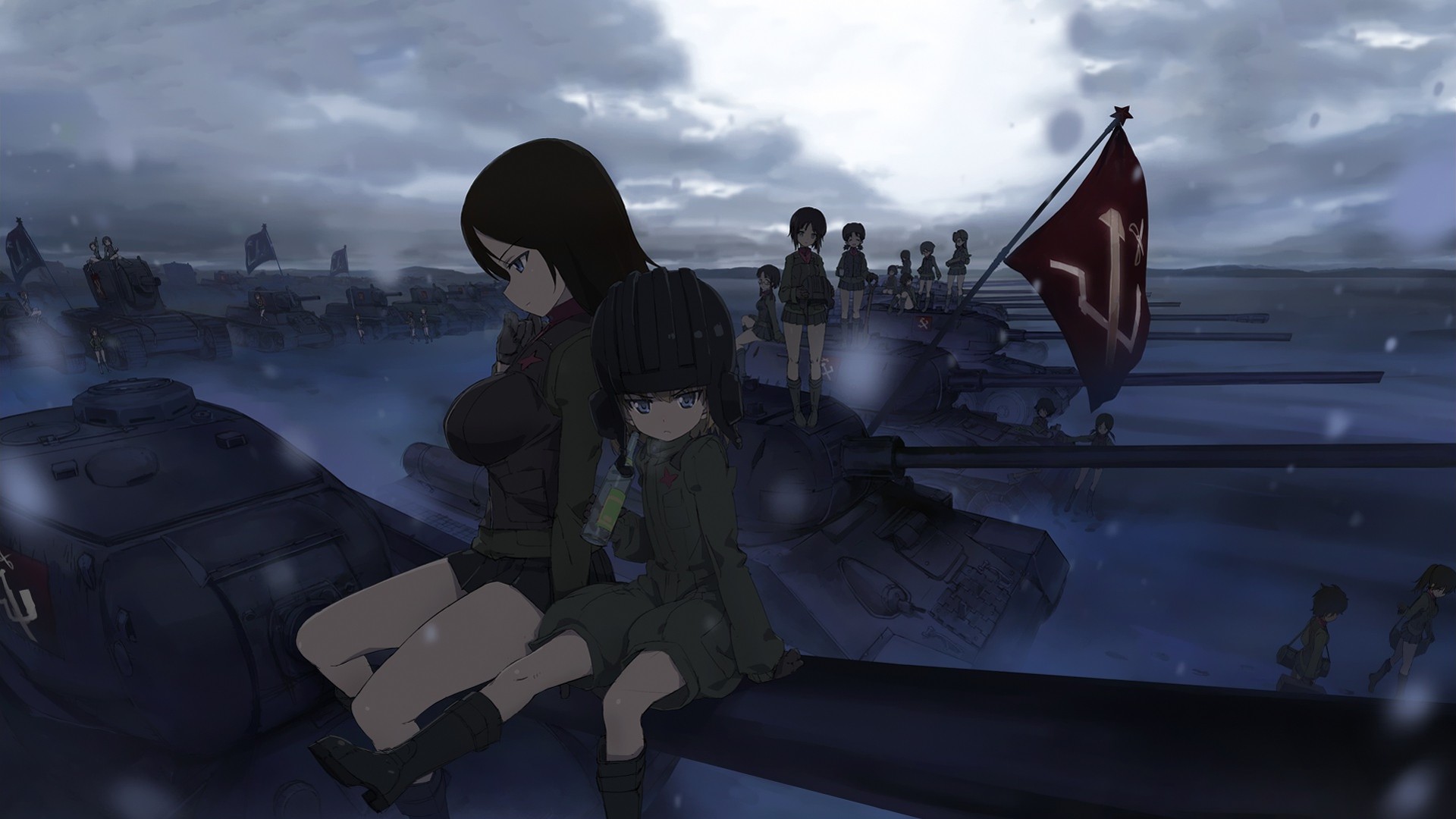 Girls und Panzer characters on tanks with flag HD Wallpaper