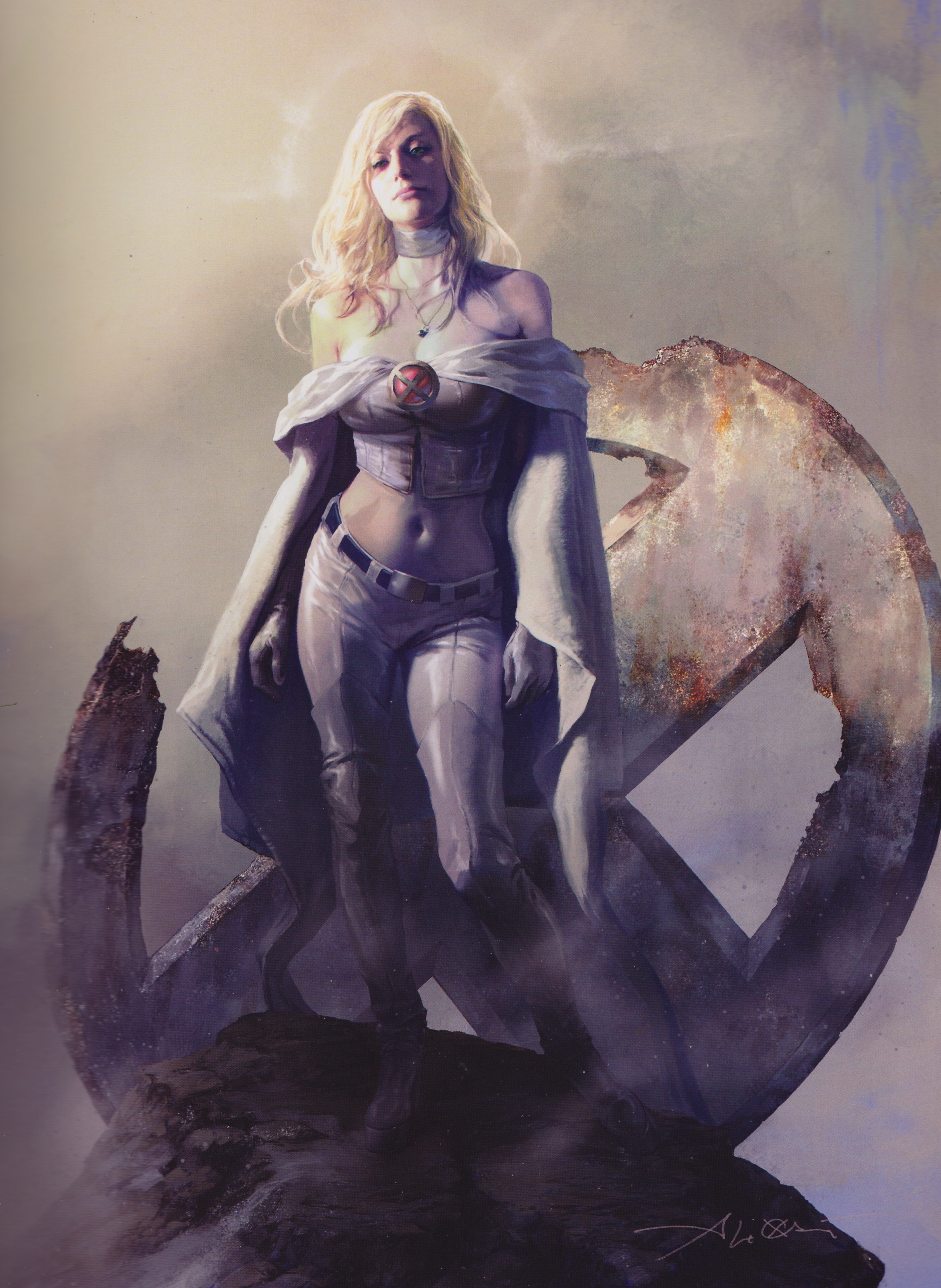 Emma Frost standing on rocks with X-Men logo HD Wallpaper