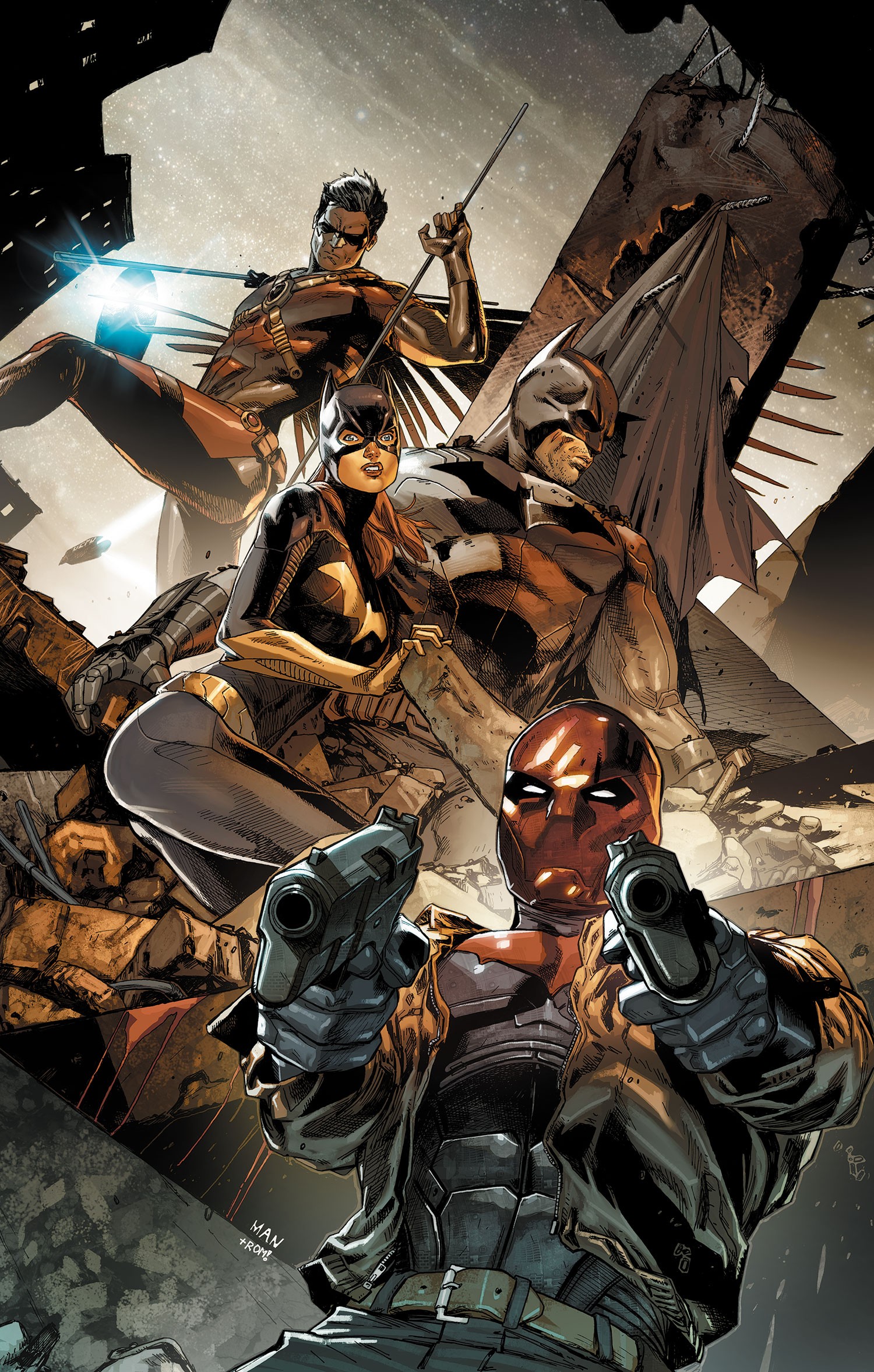 Batman, Batgirl, Robin, and Red Hood in a battle scene HD Wallpaper
