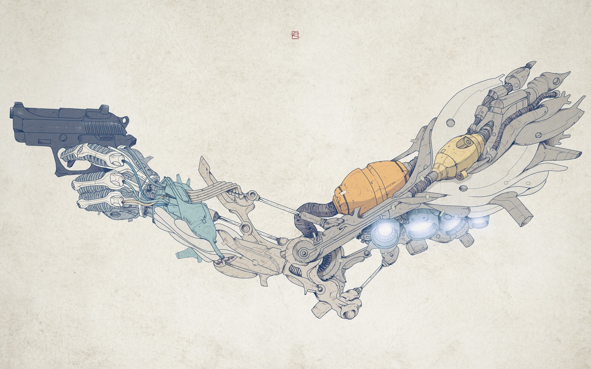 Artwork of a robotic arm holding a gun HD Wallpaper